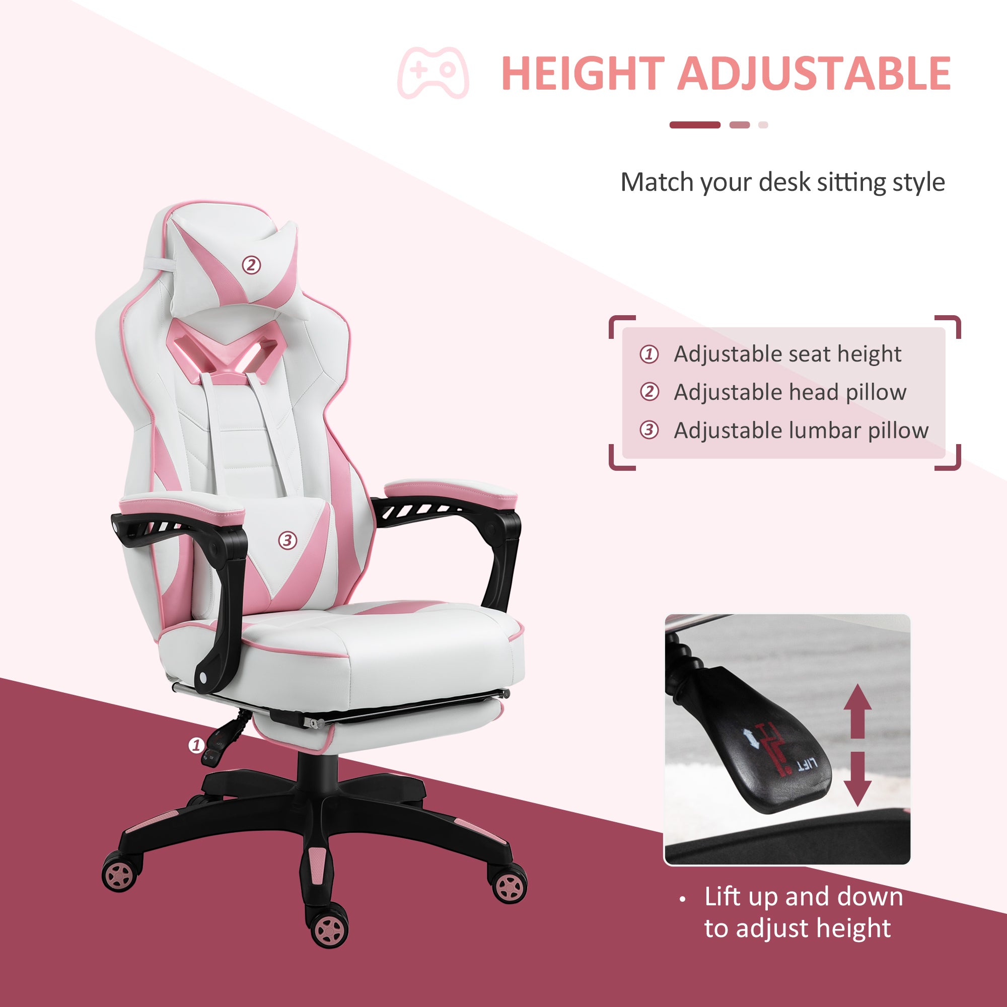 Vinsetto Computer Gaming Chair, Racing Desk Chair with Lumbar Support and Footrest, PU Leather Gamer Chair with Headrest and Swivel Wheels for Home, Pink - North Peak Garden Furniture