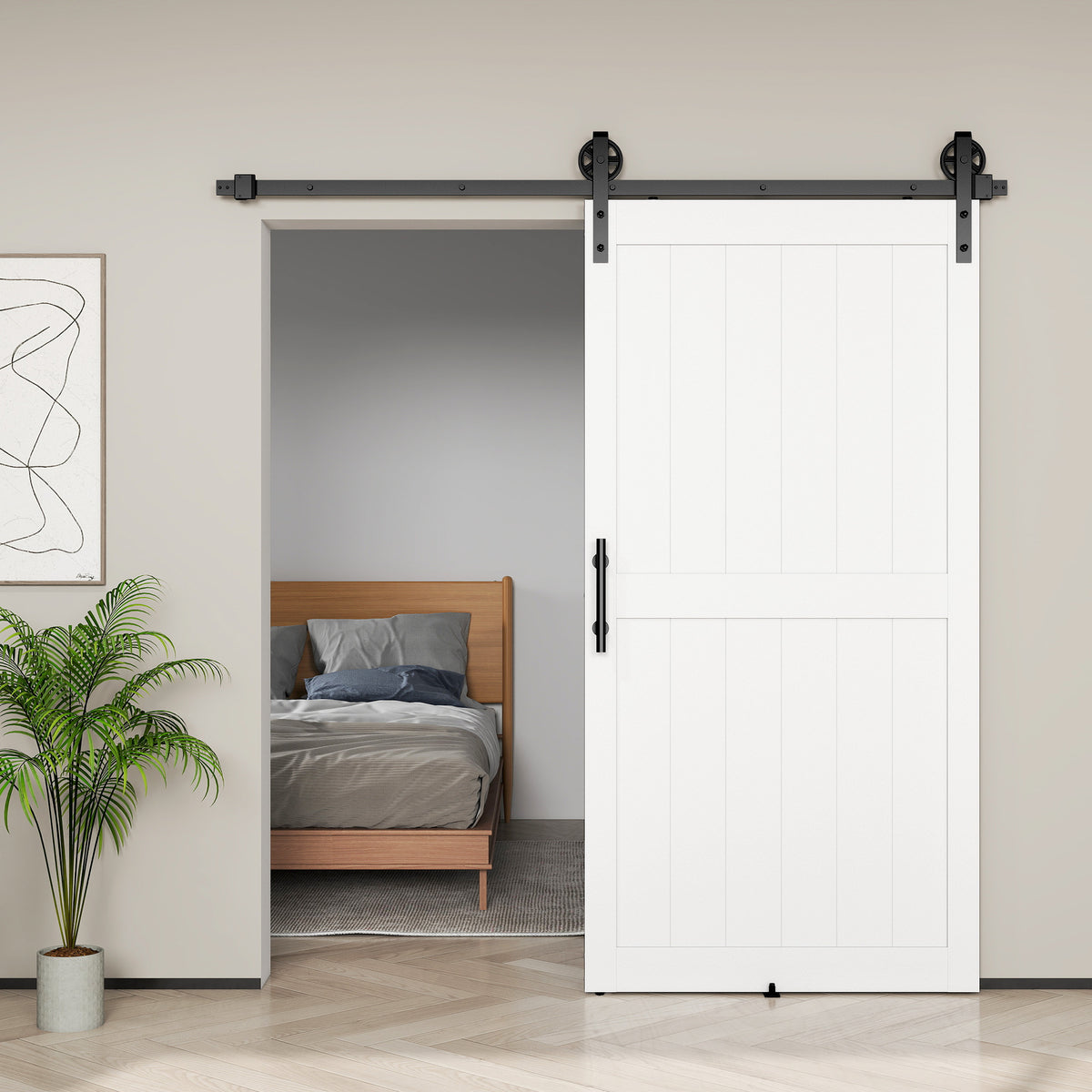 HOMCOM 213.4cm Sliding Barn Door Kit, Sliding Door with Track, Hardware, Upgraded Rollers and Floor Guide, Handle, White