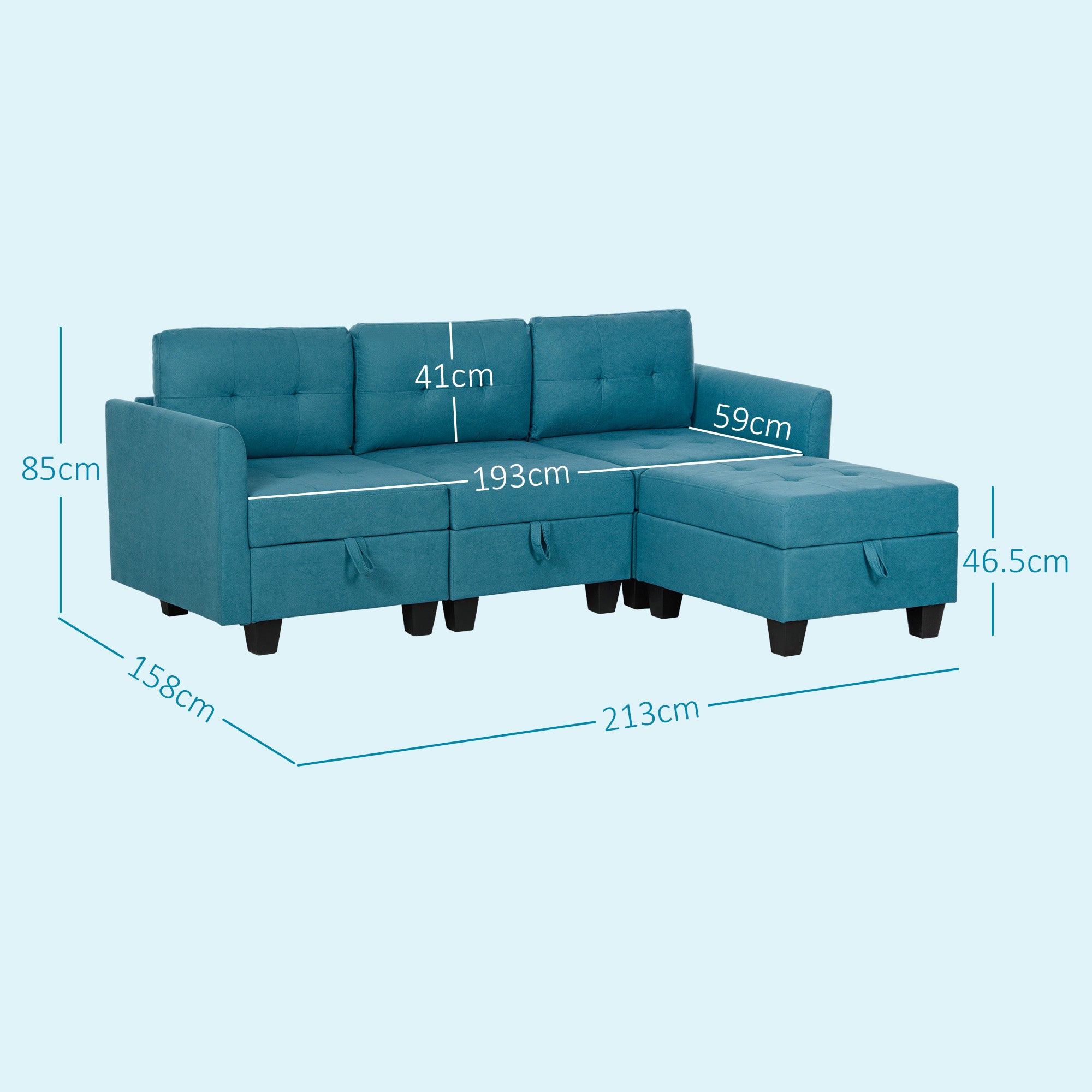 HOMCOM 'L' Shape Modular Sofa, with Storage - Light Blue - North Peak Garden Furniture