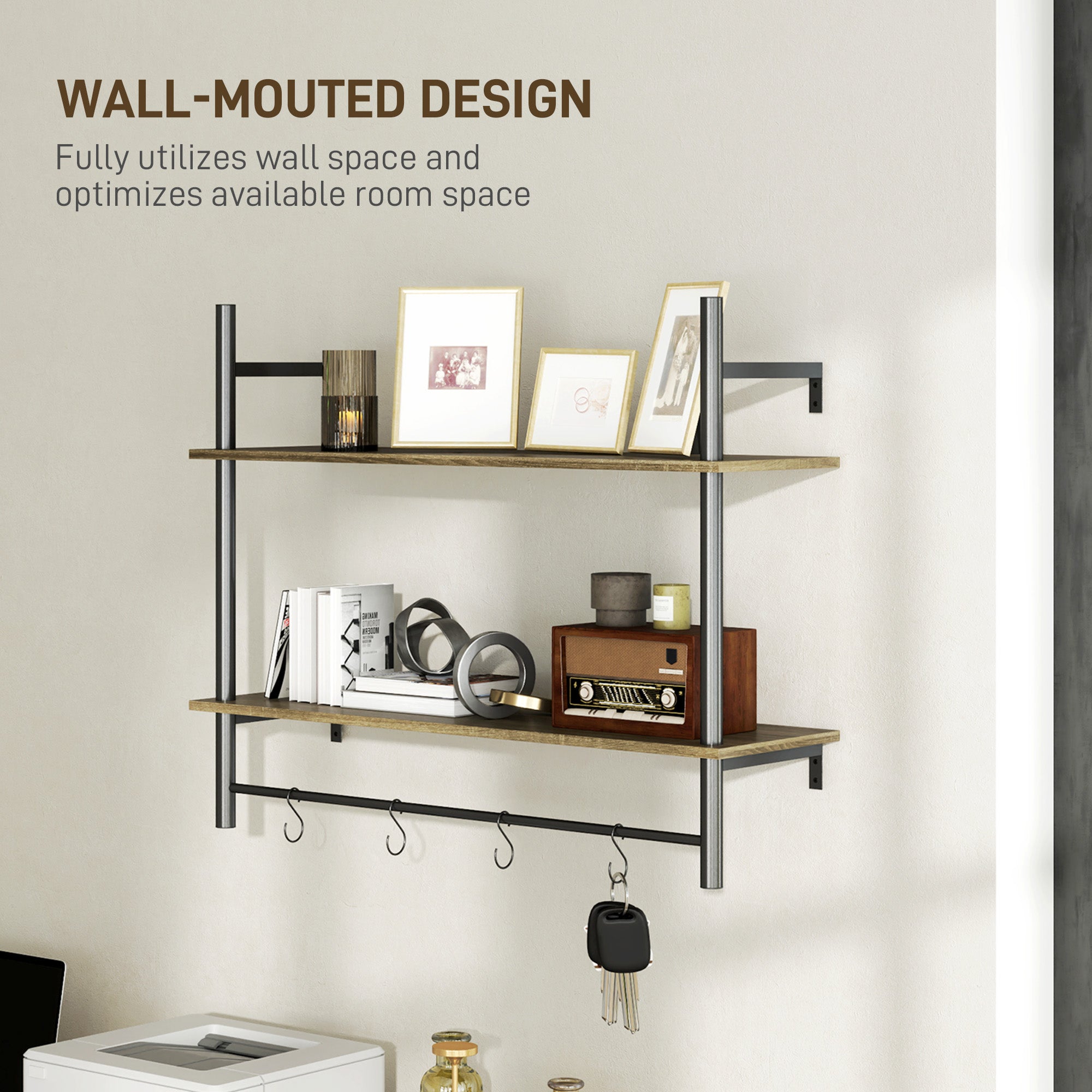 HOMCOM Wall Mounted Floating Shelves with 4 Hooks, Rustic Wall Shelf Unit for Living Room, Entryway, Grey - North Peak Garden Furniture