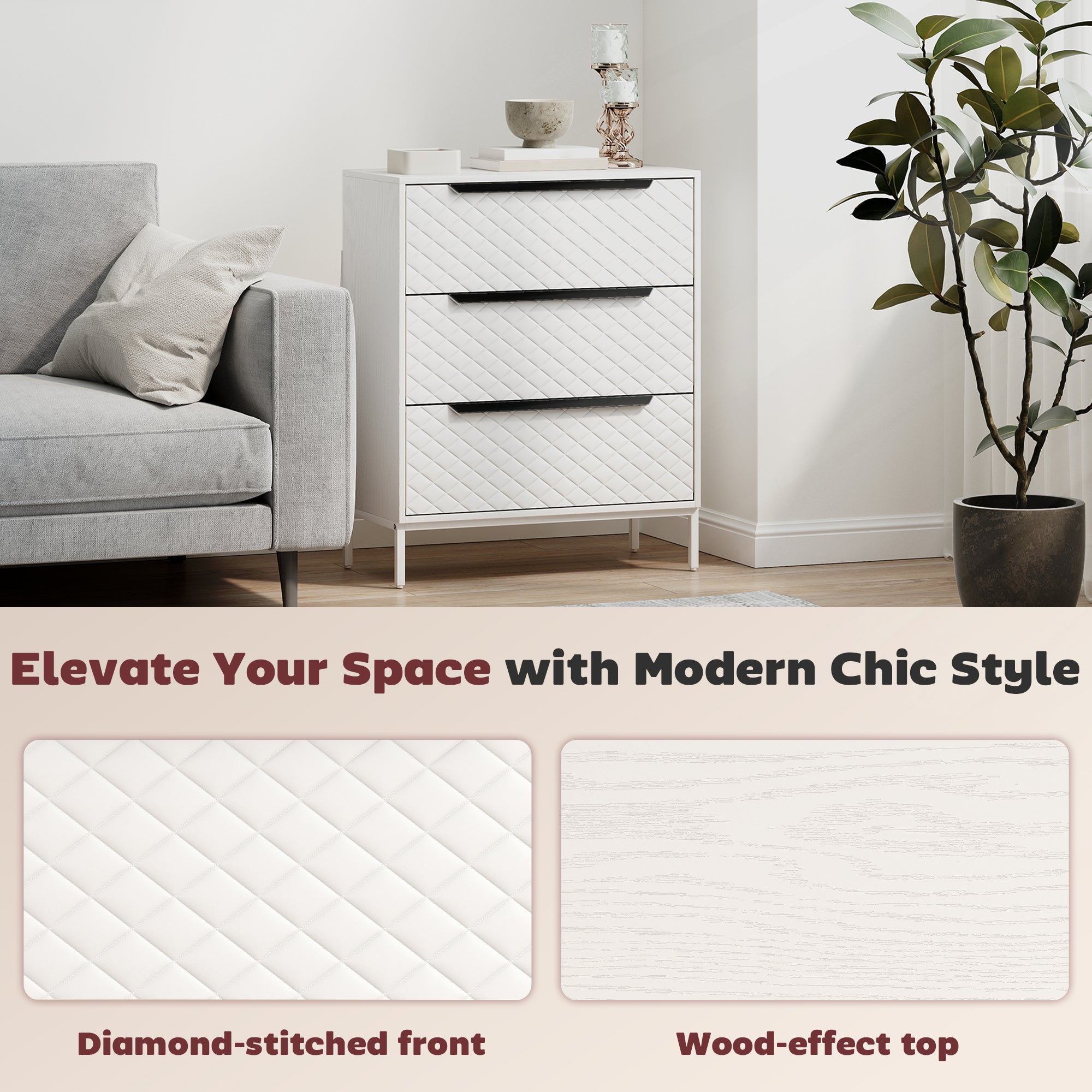 HOMCOM Chest of Drawers, Dresser with 3 Fabric Drawers and Aluminium Handles - White