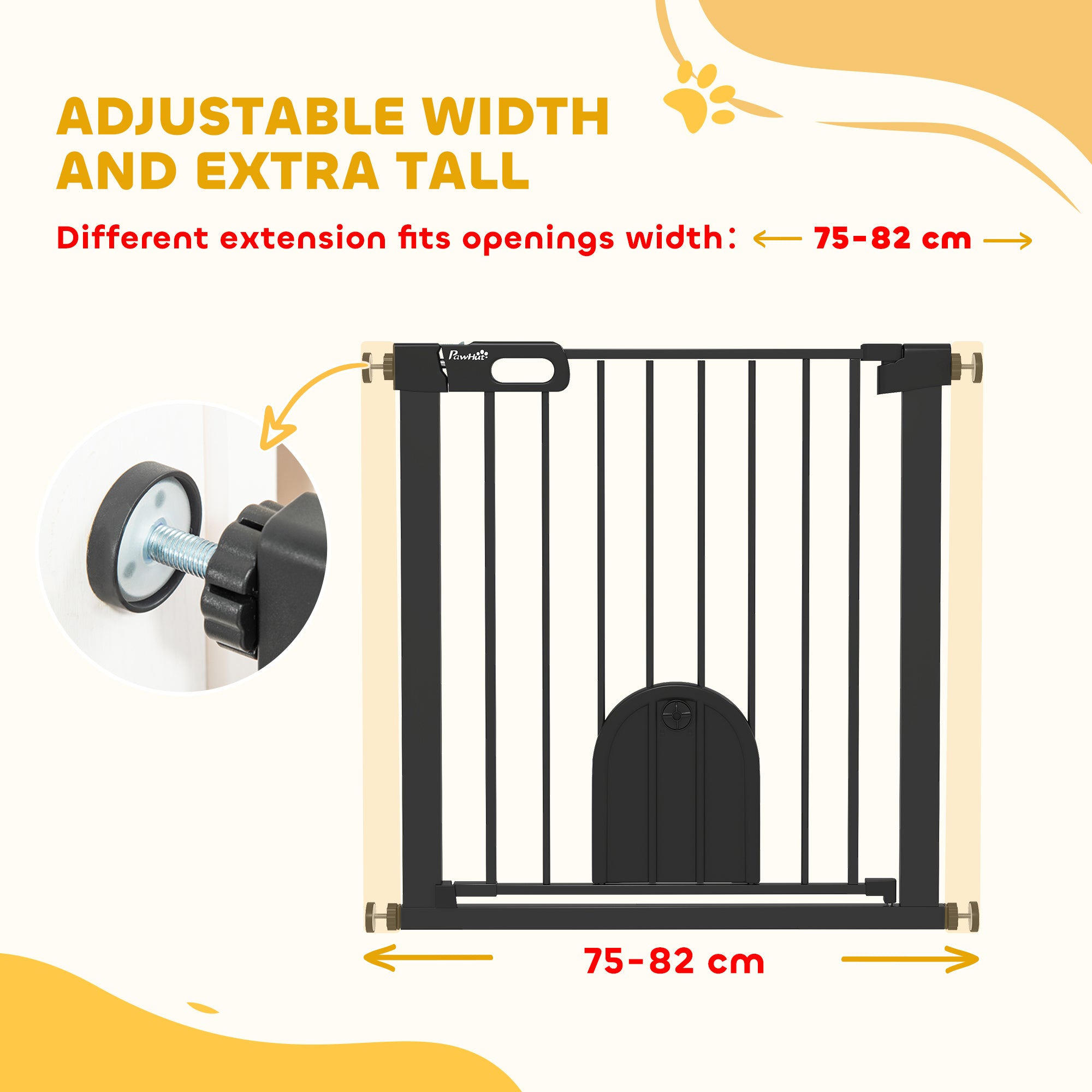 PawHut Dog Gate with Cat Flap Pet Safety Gate Barrier, Stair Pressure Fit, Auto Close, Double Locking, for Doorways, Hallways, 75-82 cm Black