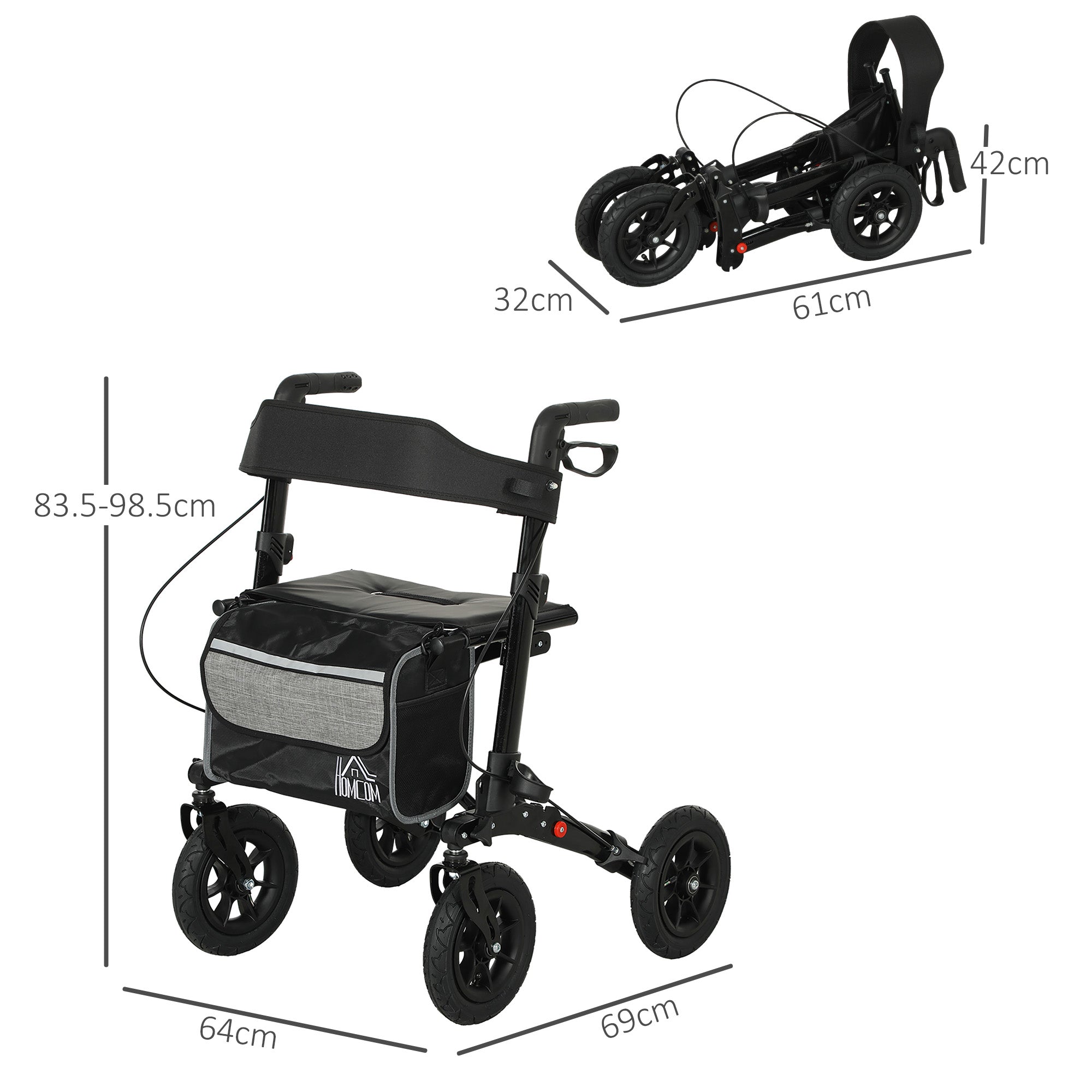 HOMCOM Folding Rollator Walker with Padded Seat, Backrest, Lightweight Walking Frame with Storage Bag, Dual Brakes, All-terrain Wheels, Adjustable Handle Height, 4 Wheeled Walker for Seniors, Black - North Peak Garden Furniture