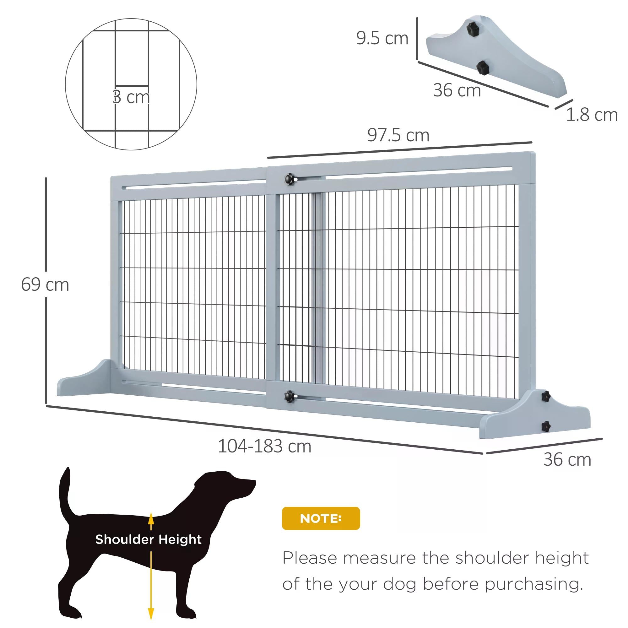 PawHut Freestanding Dog Gate, Foldable Pet Fence, Indoor Wood Barrier, Stair Gate with Support Feet, for Doorway, Hallway, Small and Medium Dogs, 69H x 104-183 cm, Blue-grey