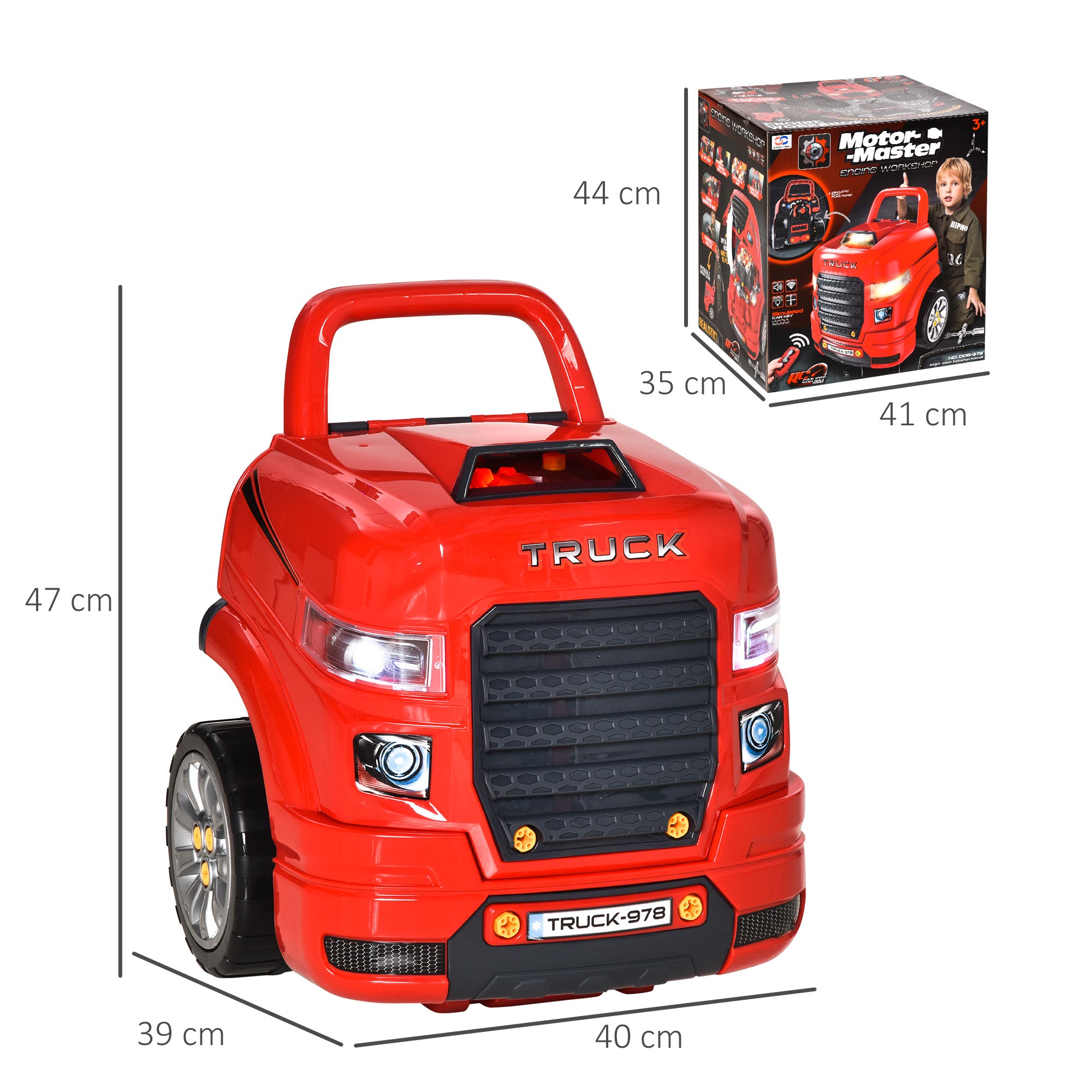 HOMCOM Kids Truck Engine Toy Set, Toddler Educational Car Service Station Playset, Take Apart Workshop, w/ RC Car Key, Steering wheel, Horn, Light, for 3-5 Years Old Red - North Peak Garden Furniture