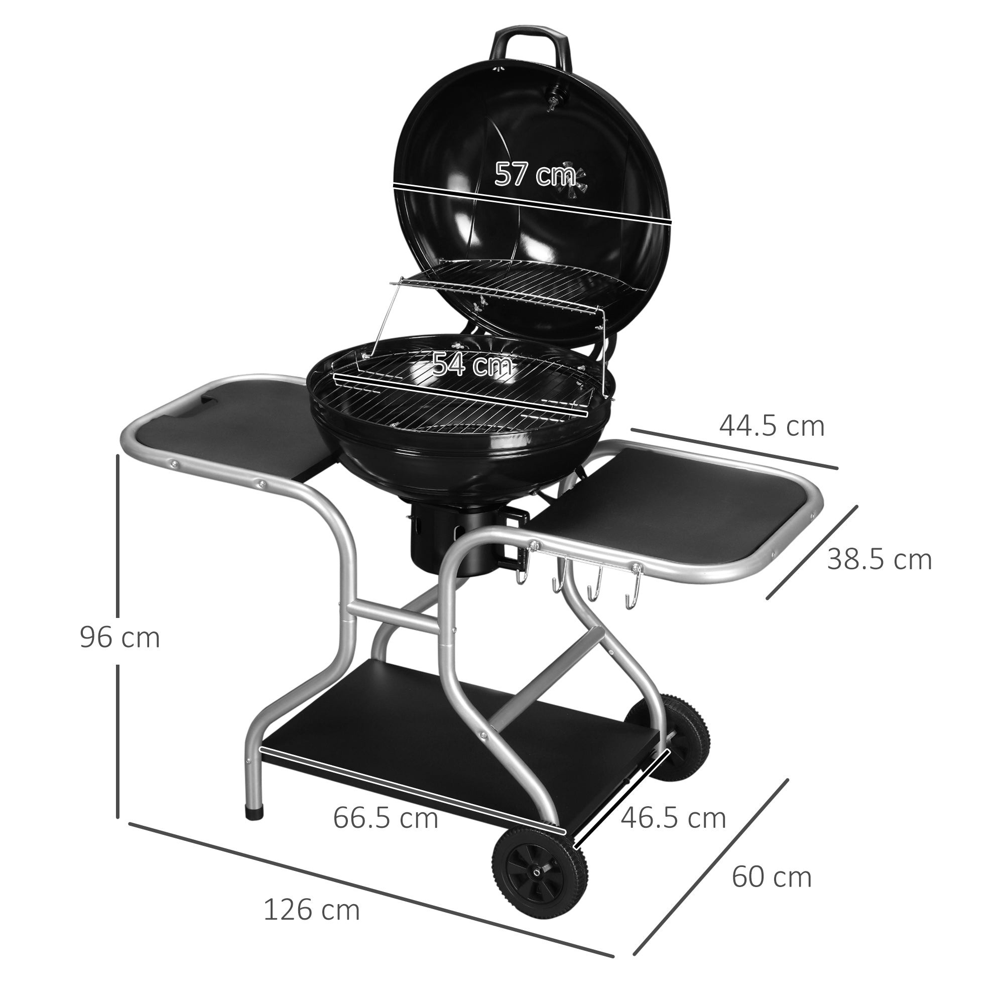 Outsunny Portable Charcoal Kettle Grill Outdoor Barbecue Trolley BBQ Heat Smoker Grilling with Two wheels, Free Standing Black - North Peak Garden Furniture