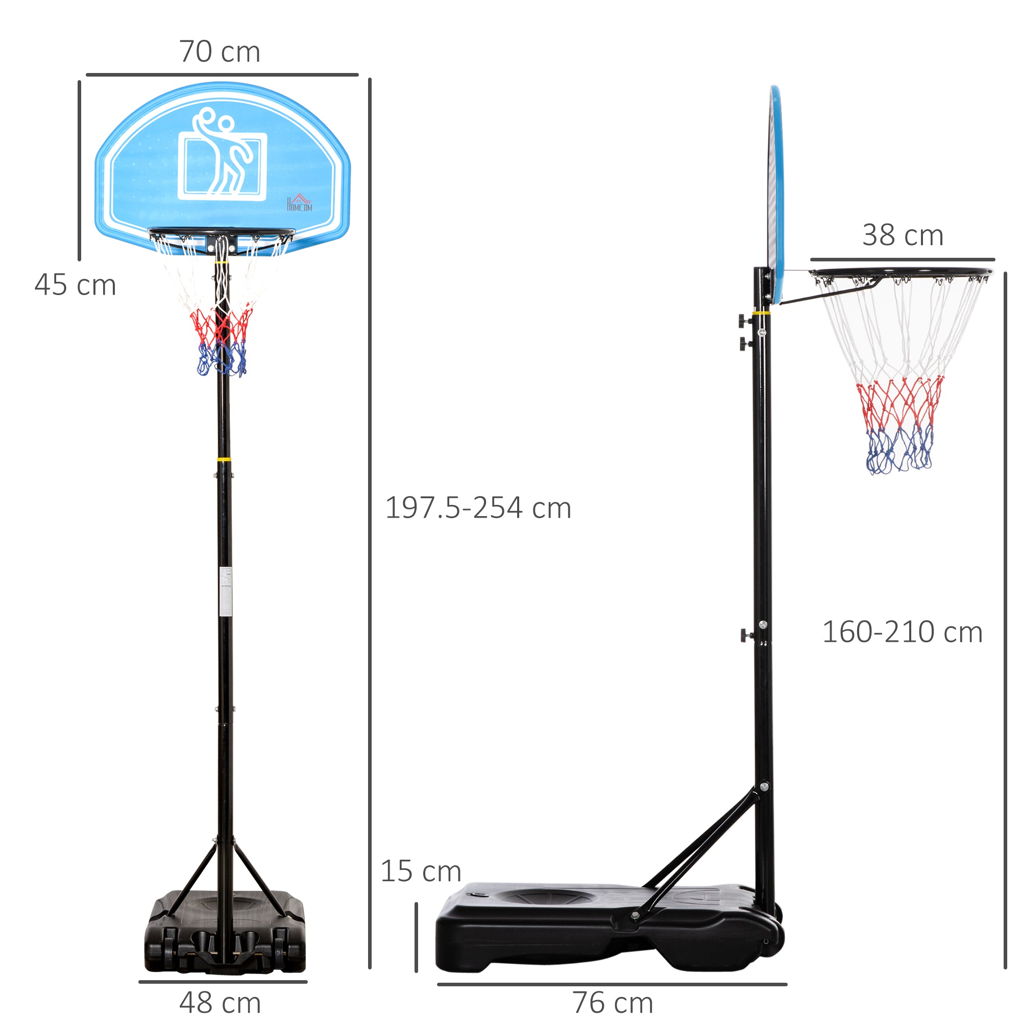 HOMCOM Adjustable Basketball Hoop and Stand, with Wheels and Weight Base Blue - North Peak Garden Furniture
