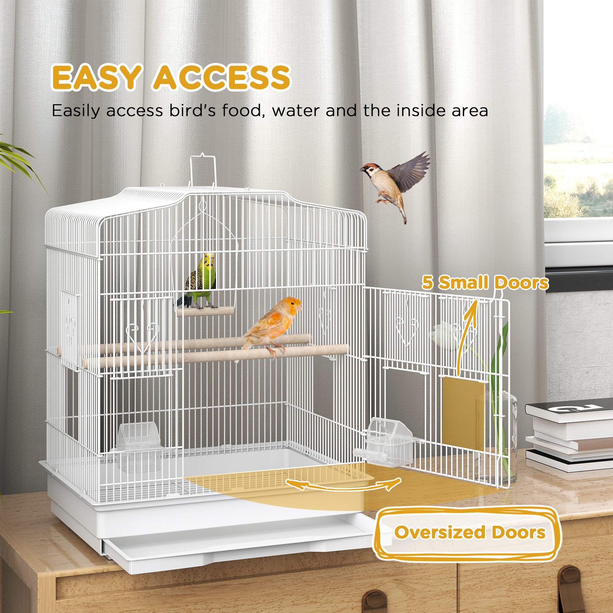 PawHut Large Metal Bird Cage with Perches, Food Bowls, Swing, for Budgies, Parakeets, White - North Peak Garden Furniture