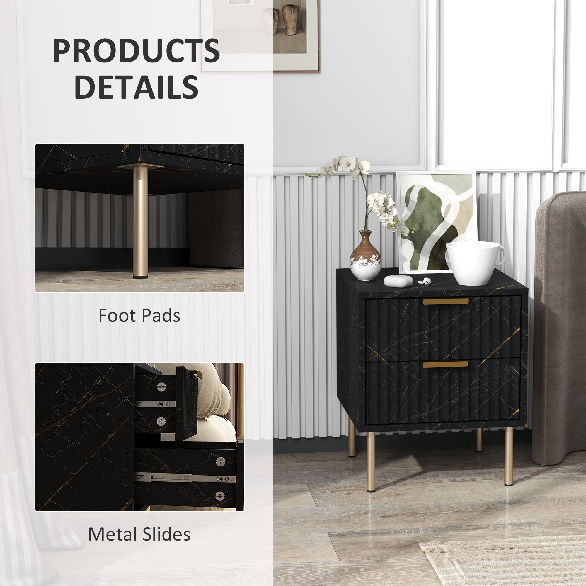 HOMCOM Elegant Two-Drawer Bedside Table - Black - North Peak Garden Furniture