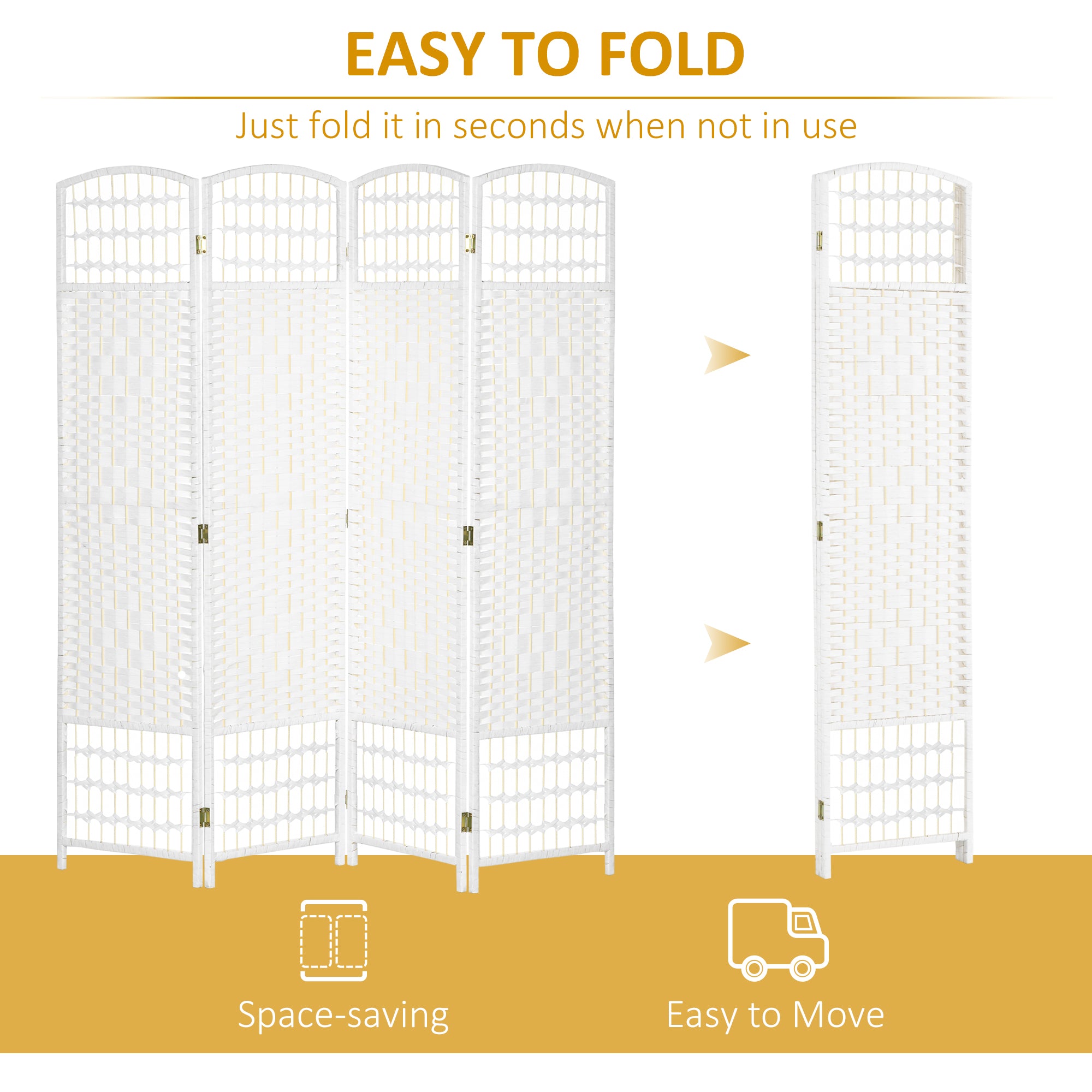 HOMCOM 4 Panel Folding Room Divider, Privacy Screen, Freestanding Paravent Partition Separator for Living Room, Bedroom and Office, 160 x 170cm, White - North Peak Garden Furniture