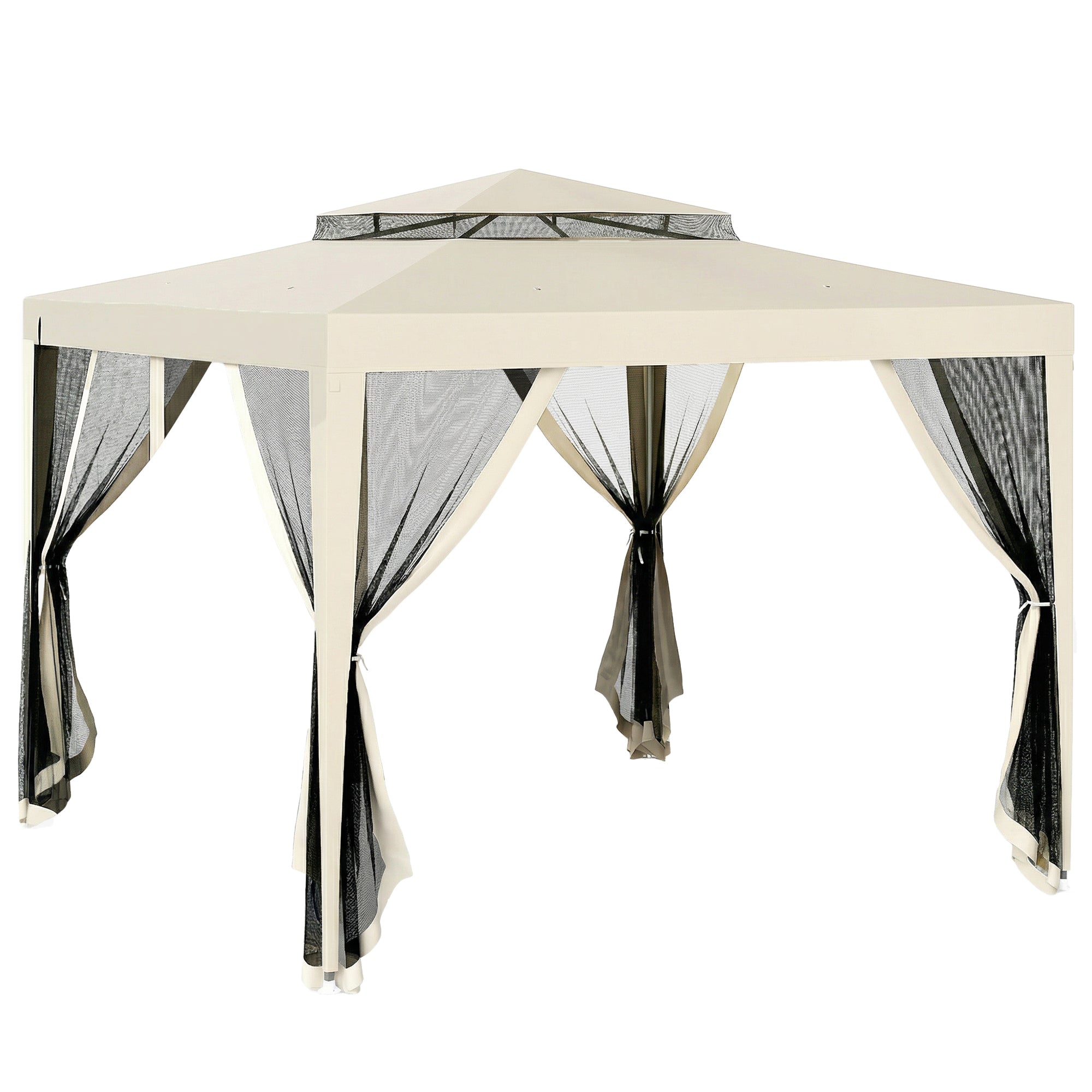 Outsunny 3 x 3 m Gazebo, Netting Party Tent, Patio Canopy Outdoor Event Shelter with Double Tier Roof, Beige