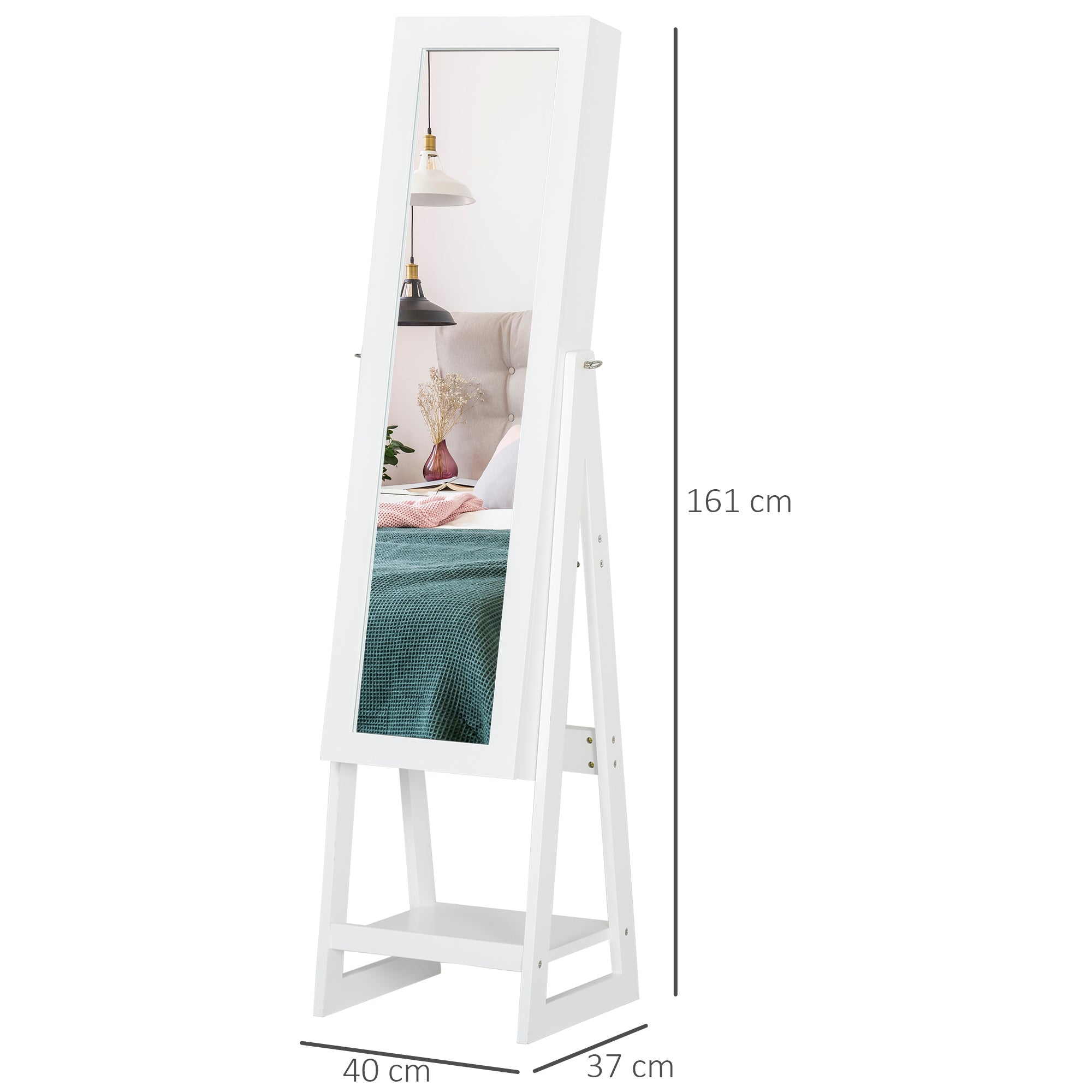 HOMCOM Jewellery Cabinet, Standing Mirror with LED Lights, Full-Length Mirror with Storage Drawers, Hooks and Shelves, Make-Up Armoire, Jewellery Organiser for Bedroom, White - North Peak Garden Furniture