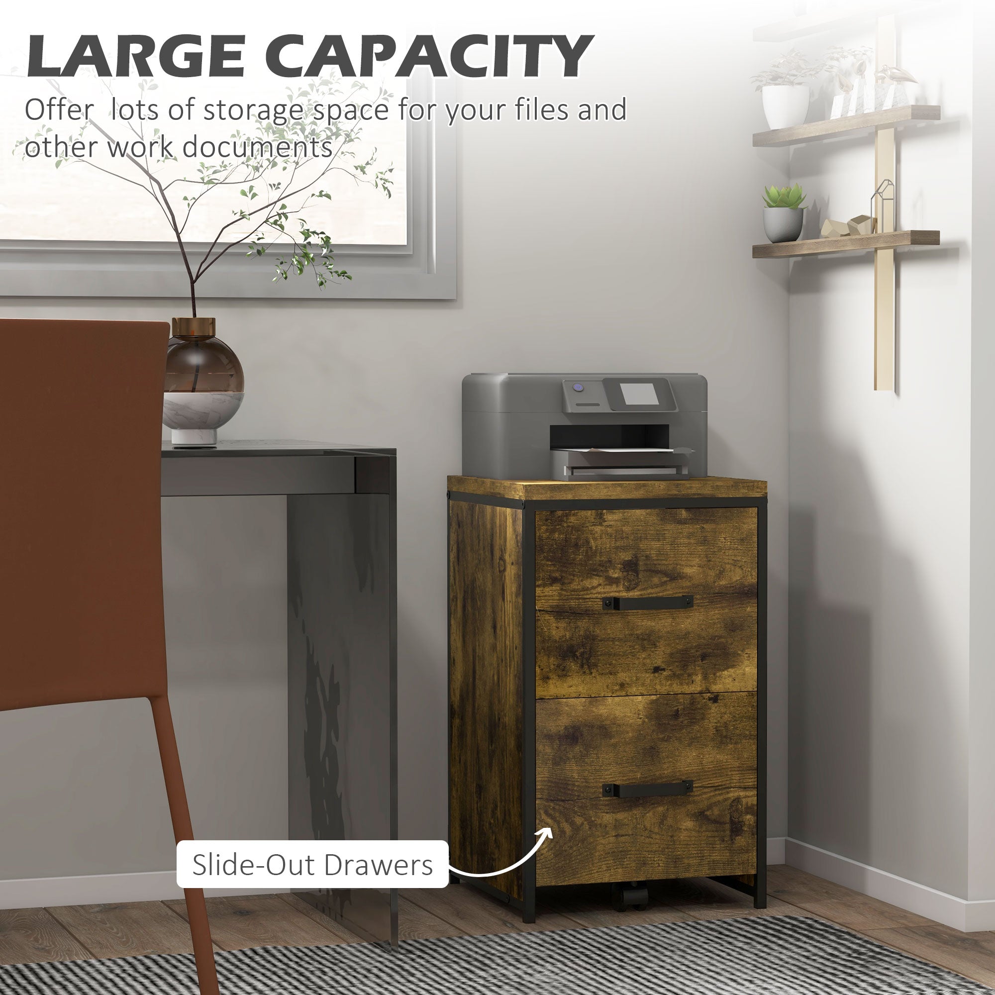 Vinsetto 2-Drawer file Cabinet, Industrial filing cabinets for Home, Hanging File Folders, Vertical Home Office Organizer for A4 Size, Rustic Brown - North Peak Garden Furniture