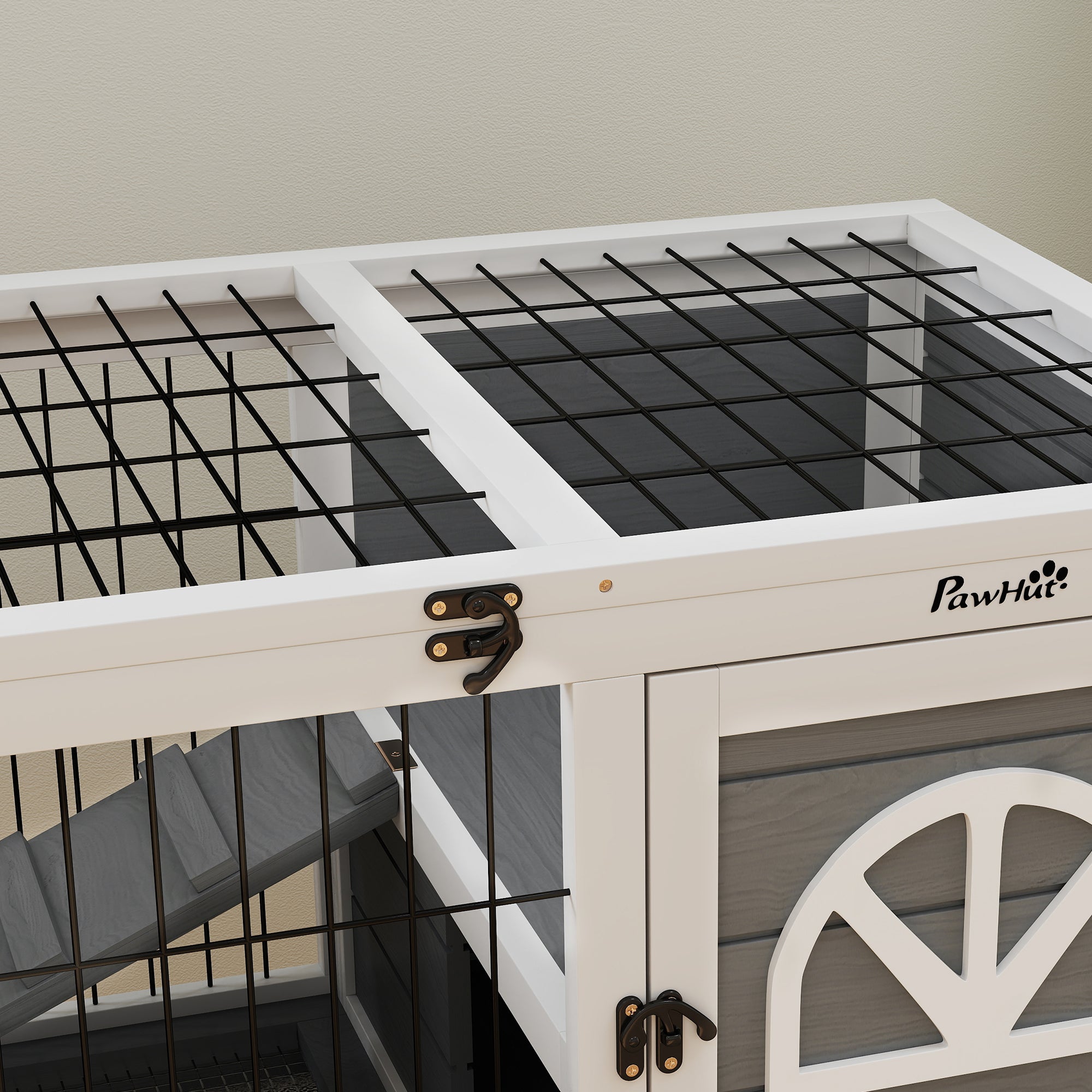 PawHut Wooden Rabbit Hutch, Guinea Pig Cage, with Removable Tray, Openable Roof, Grey - North Peak Garden Furniture