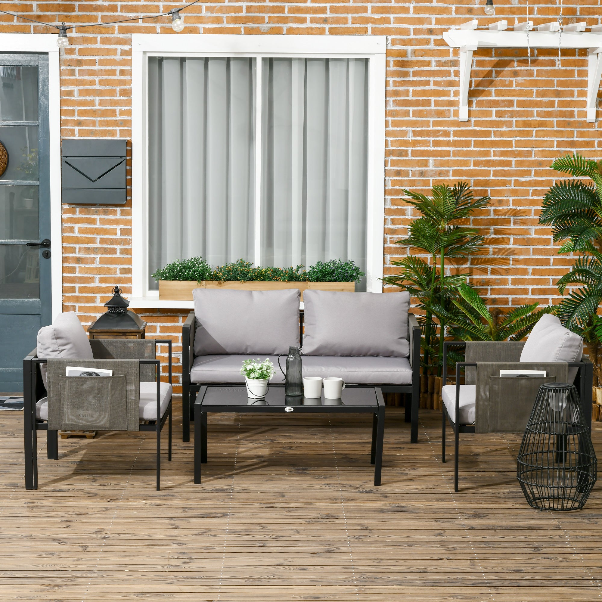 Outsunny 4 Piece Metal Garden Furniture Set with Tempered Glass Coffee Table, Texteline Pocket, Outdoor Patio Set Loveseat Single Armchairs with Padded Cushions, Light Grey - North Peak Garden Furniture