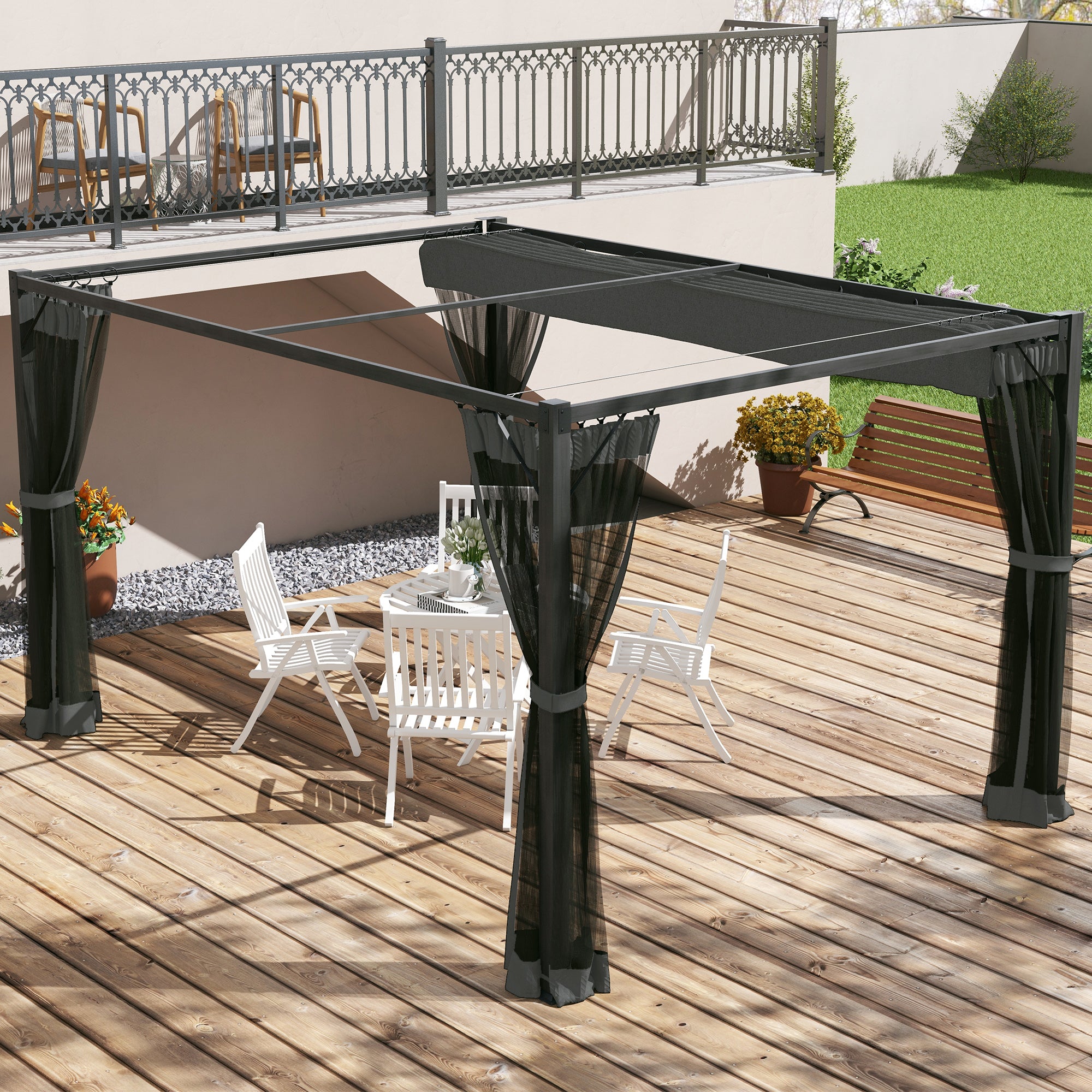 Outsunny 3 x 4m Aluminium Frame Pergola, with Retractable Roof - Dark Grey - North Peak Garden Furniture