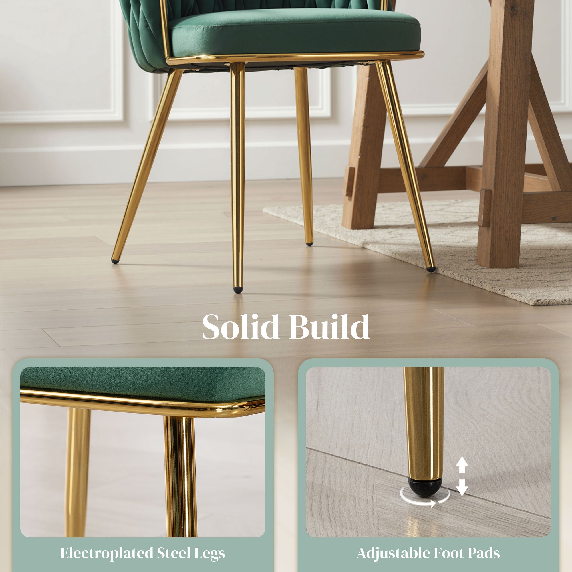 HOMCOM Velvet-Feel Dining Chairs Set of 2, Modern Upholstered Kitchen Chairs with Woven Backrest and Armrests, Metal Legs and Padded Seat for Dining Room, Bedroom, Living Room, Dark Green