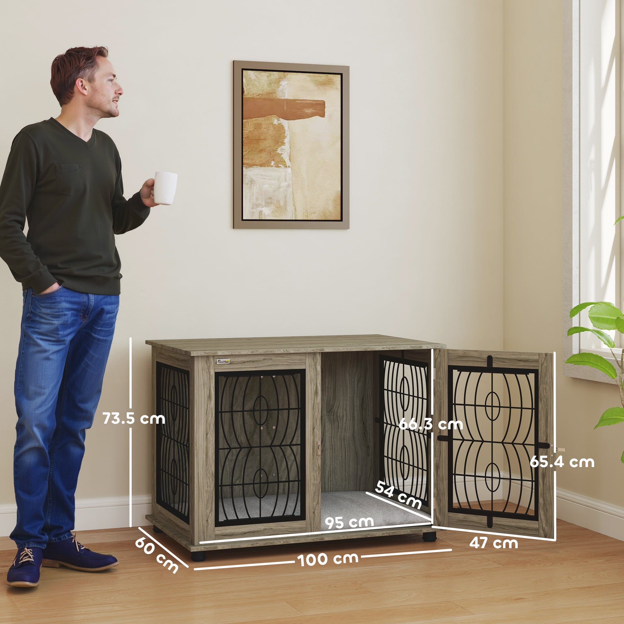 PawHut Indoor Dog Crate Furniture End Table with Soft Washable Cushion, Lockable Front Door, for Large Dogs - Grey - North Peak Garden Furniture