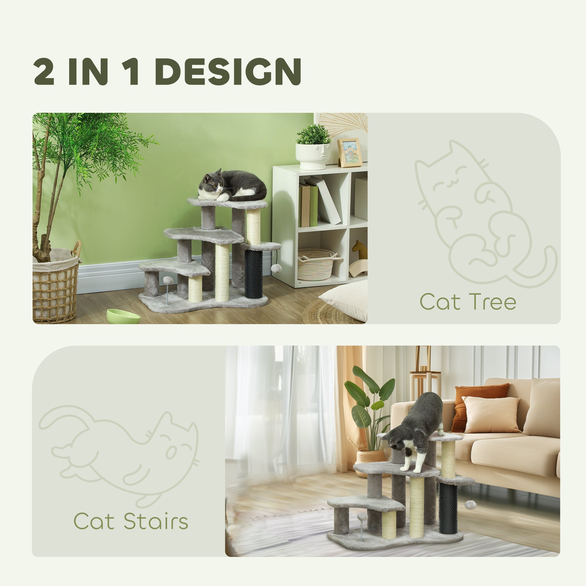 PawHut 2-in-1 Cat Tree, Pet Stairs w/ Scratching Post, Toy Balls, for Bed, Sofa, Couch, Light Grey - North Peak Garden Furniture