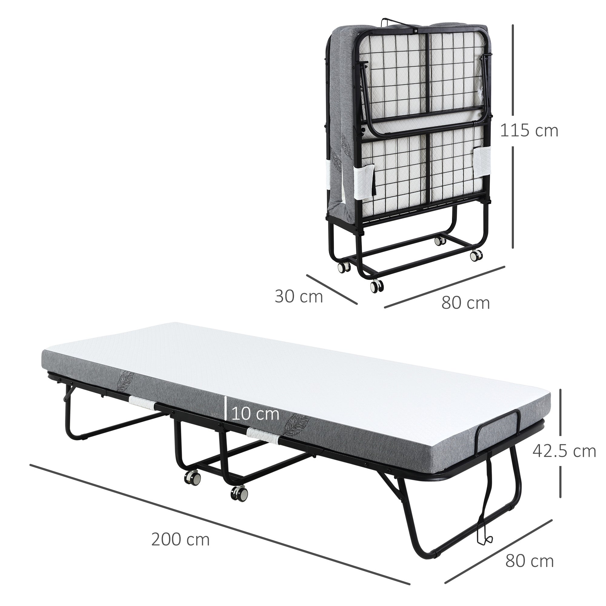 HOMCOM Folding Bed with 10cm Mattress, Portable Foldable Guest Bed with Sturdy Metal Frame on Wheels - North Peak Garden Furniture