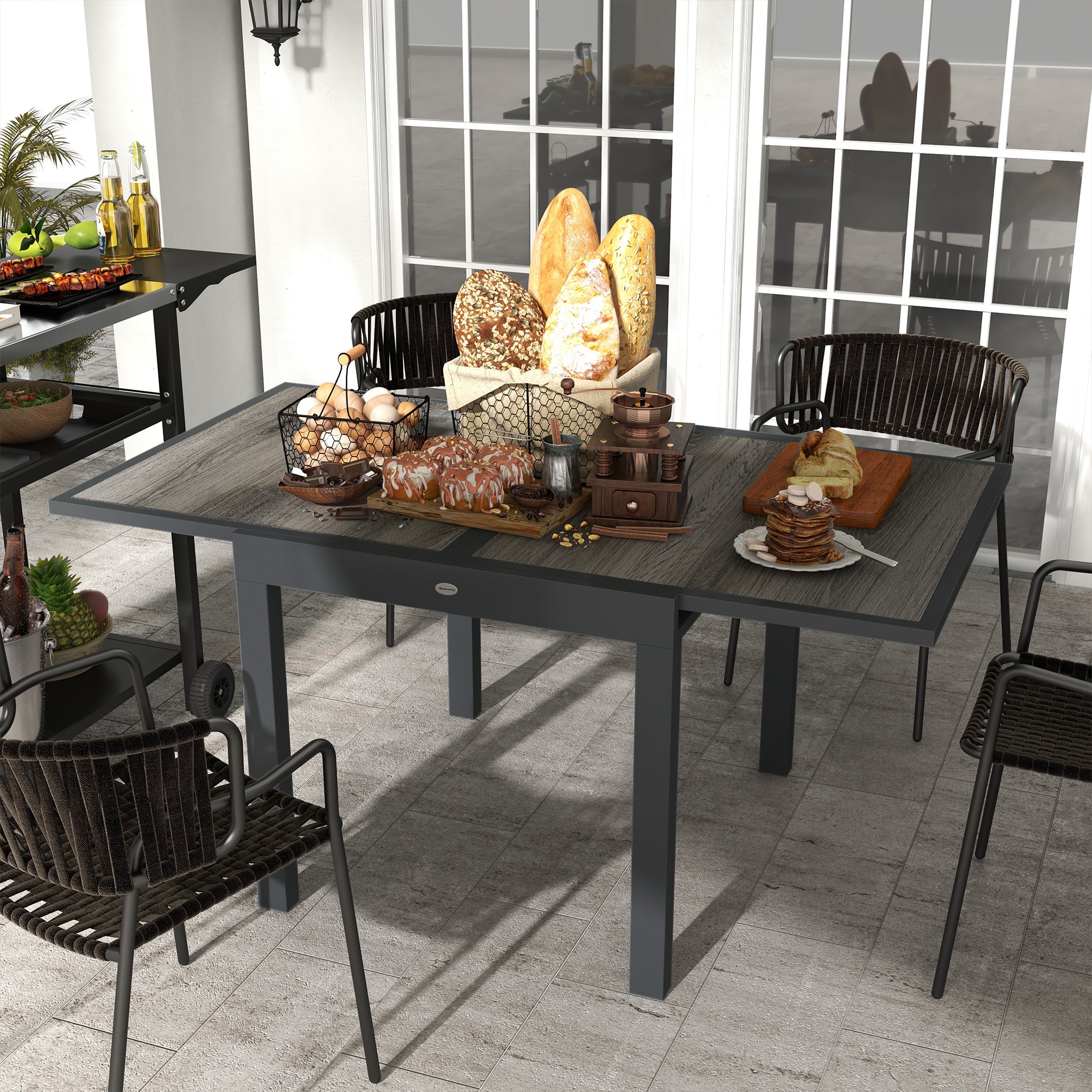 Outsunny Extending Garden Table, Outdoor Dining Table for 6, Aluminium Frame Rectangular Patio Table with Plastic Board Tabletop,80/160L x 80W x 75H cm, Grey - North Peak Garden Furniture