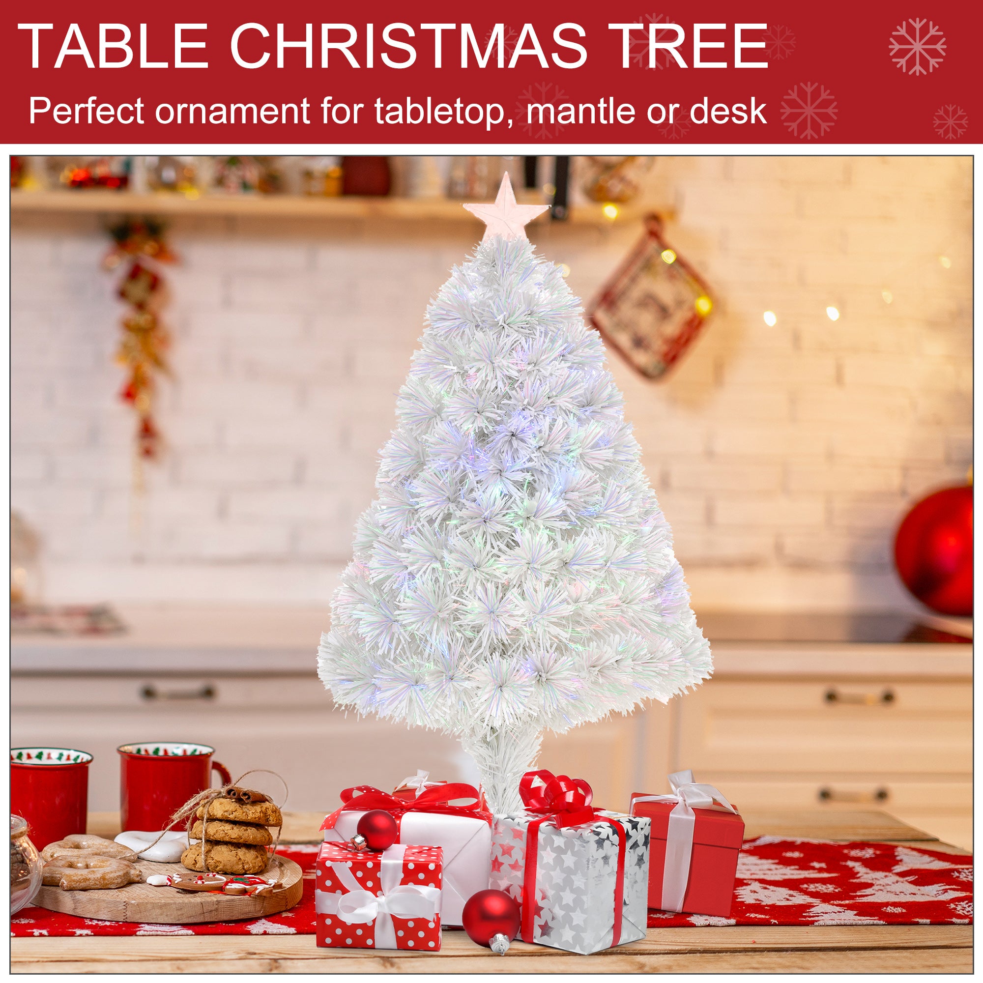 HOMCOM 2.5FT Prelit Artificial Tabletop Christmas Tree with Fibre Optics Holiday Home Xmas Decoration for Table and Desk, White - North Peak Garden Furniture