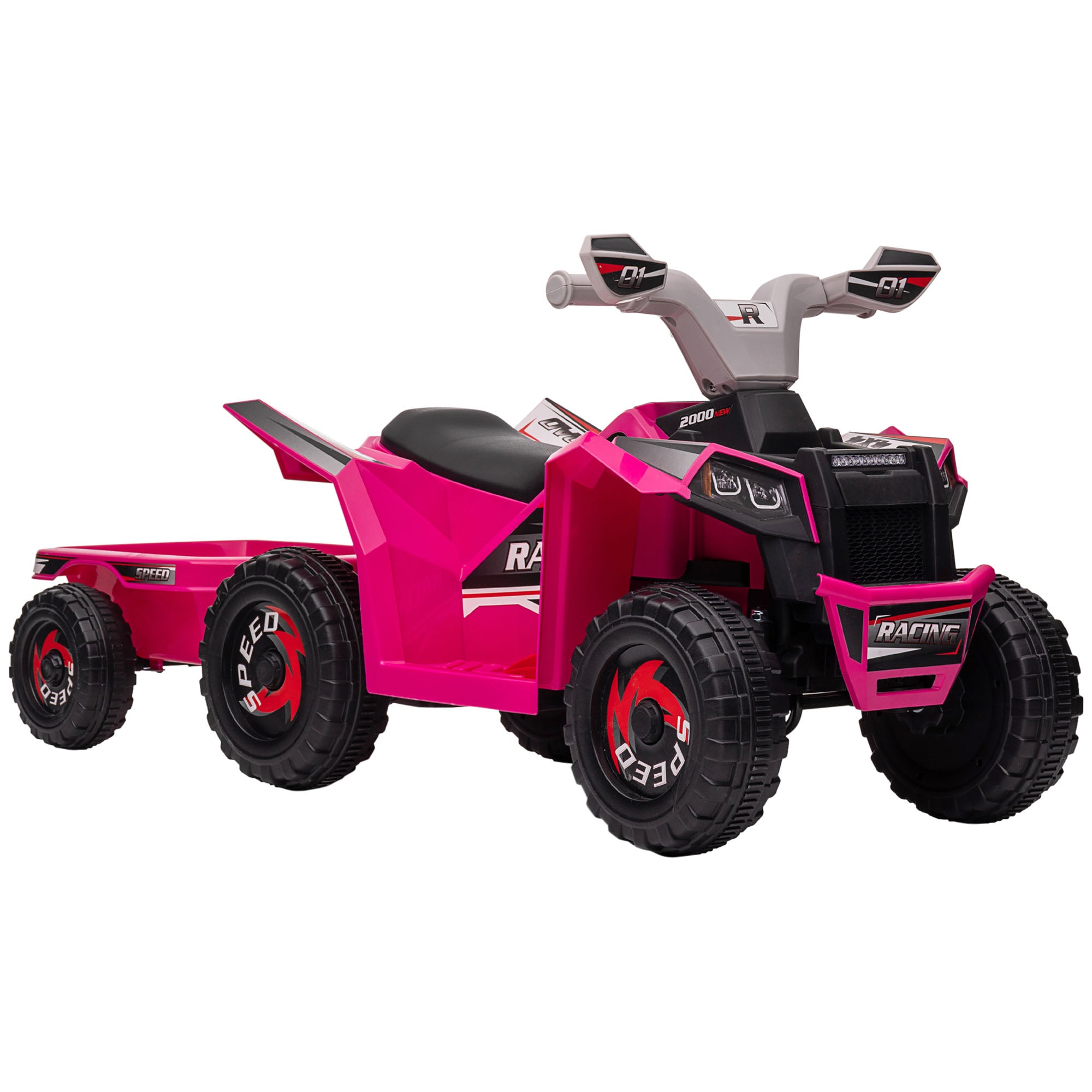 HOMCOM 6V Quad Bike with Back Trailer, Wear-Resistant Wheels, for Ages 18-36 Months, Pink - North Peak Garden Furniture
