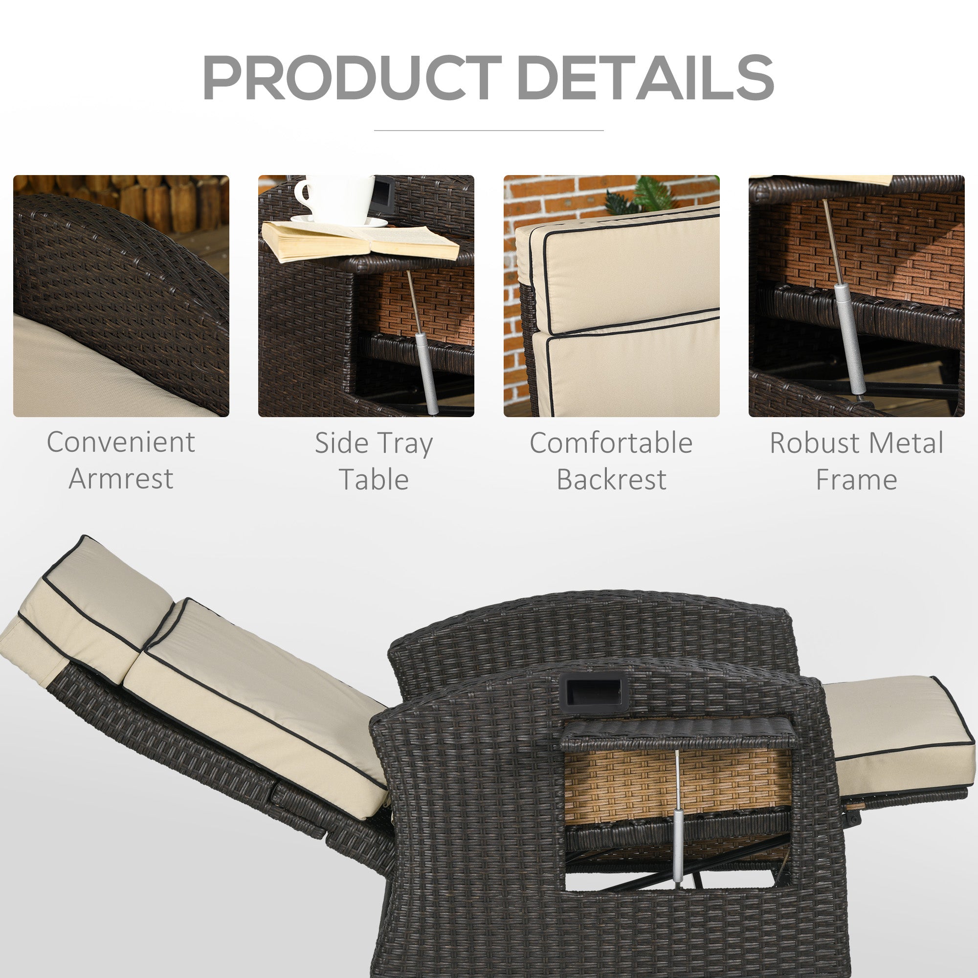 Outsunny Outdoor Recliner Chair with Adjustable Backrest and Footrest, Cushion, Side Tray, Khaki/Brown