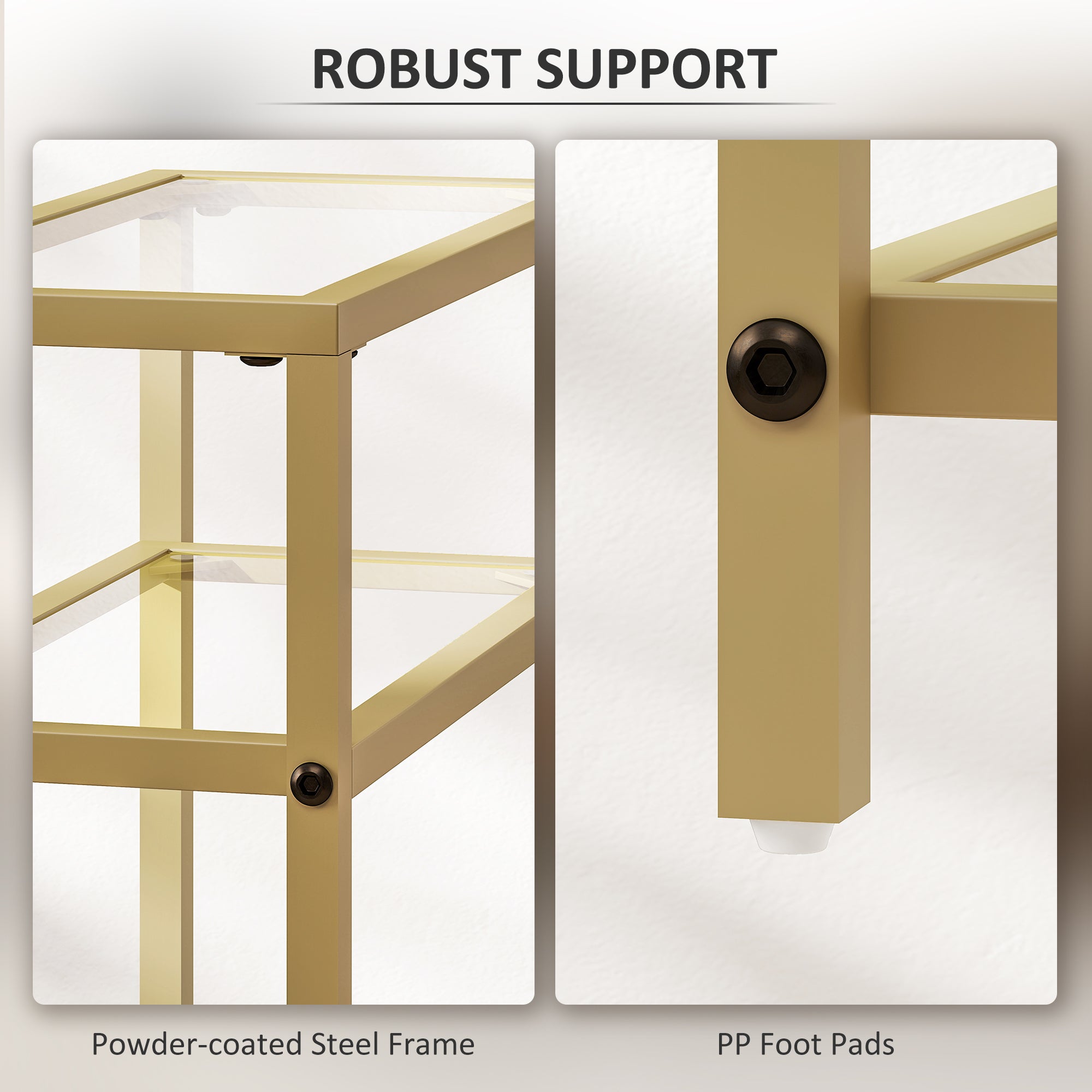 HOMCOM 3-Tier Side Table, Narrow End Table with Storage Shelf and Tempered Glass Tabletop for Small Spaces, Bedroom, Living Room, Entryway, Gold Tone - North Peak Garden Furniture