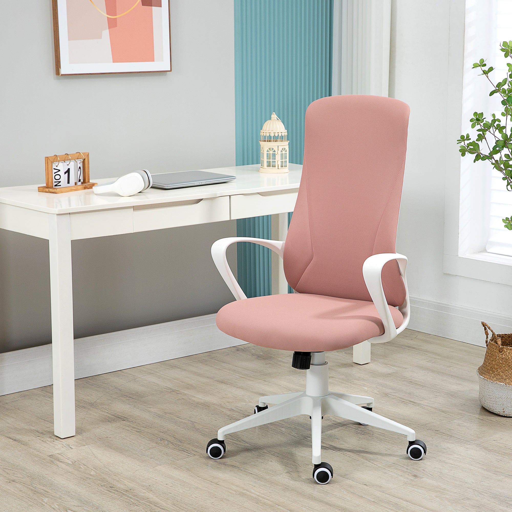 Vinsetto High Back Office Chair, Fabric Desk Chair with Armrests, Adjustable Height, Swivel Wheels, Pink - North Peak Garden Furniture