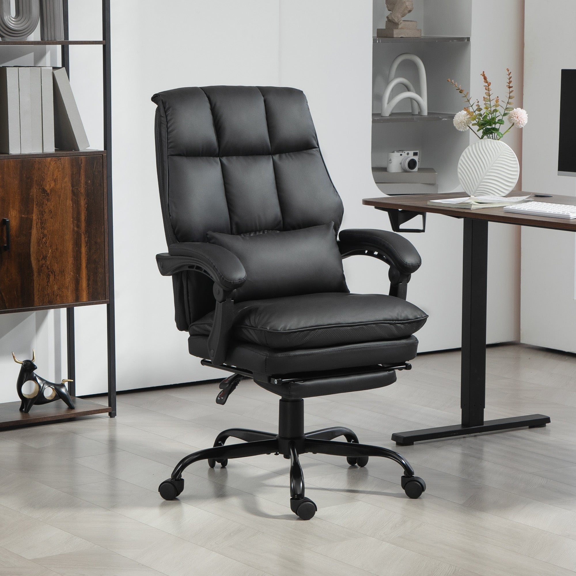 HOMCOM Faux Leather Reclining Office Chair, with Footrest - Black - North Peak Garden Furniture