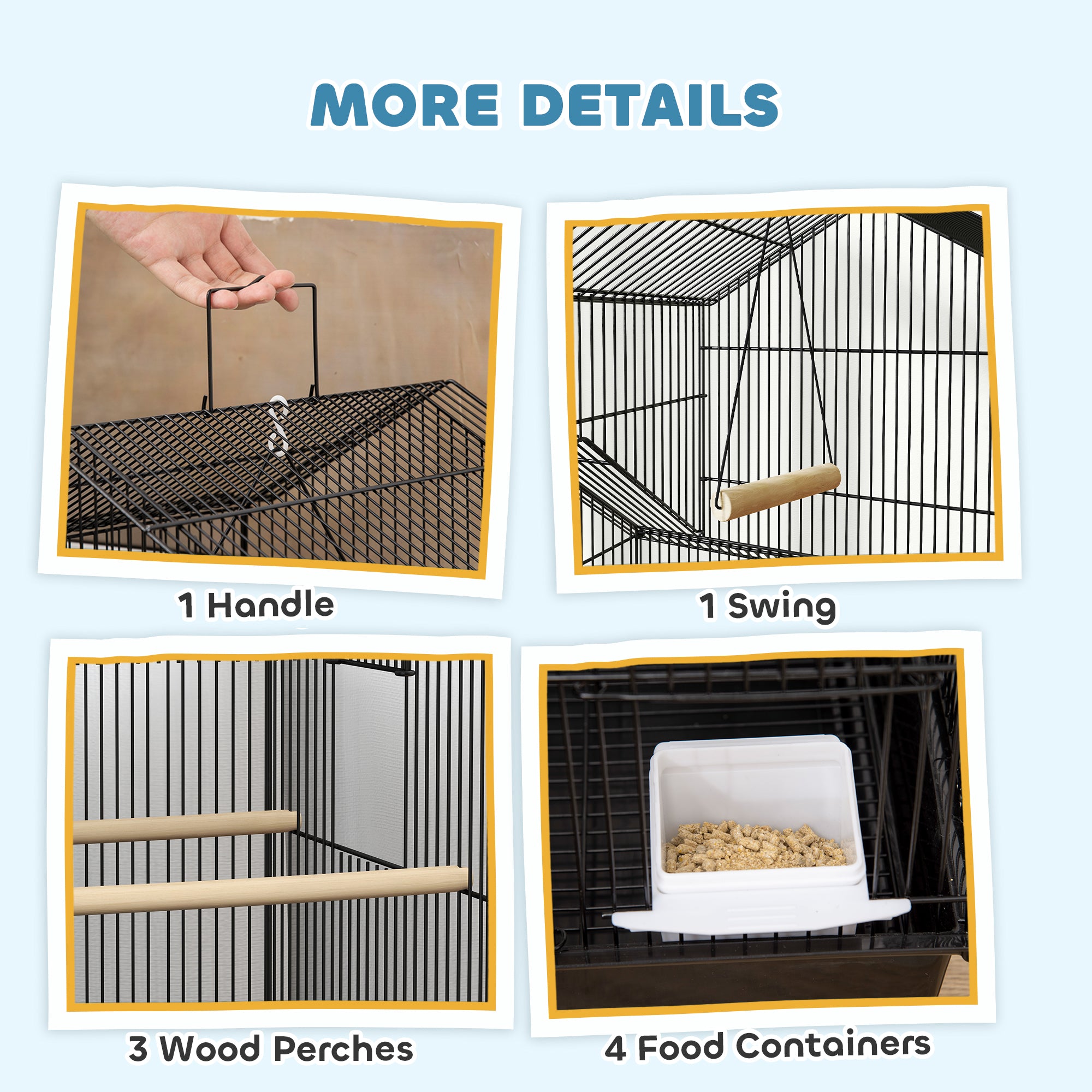 PawHut Metal Bird Cage with Plastic Swing, Perch, Food Container, Tray, Handle, for Finches, Canaries, Budgies, 43 x 32.5 x 163 - North Peak Garden Furniture