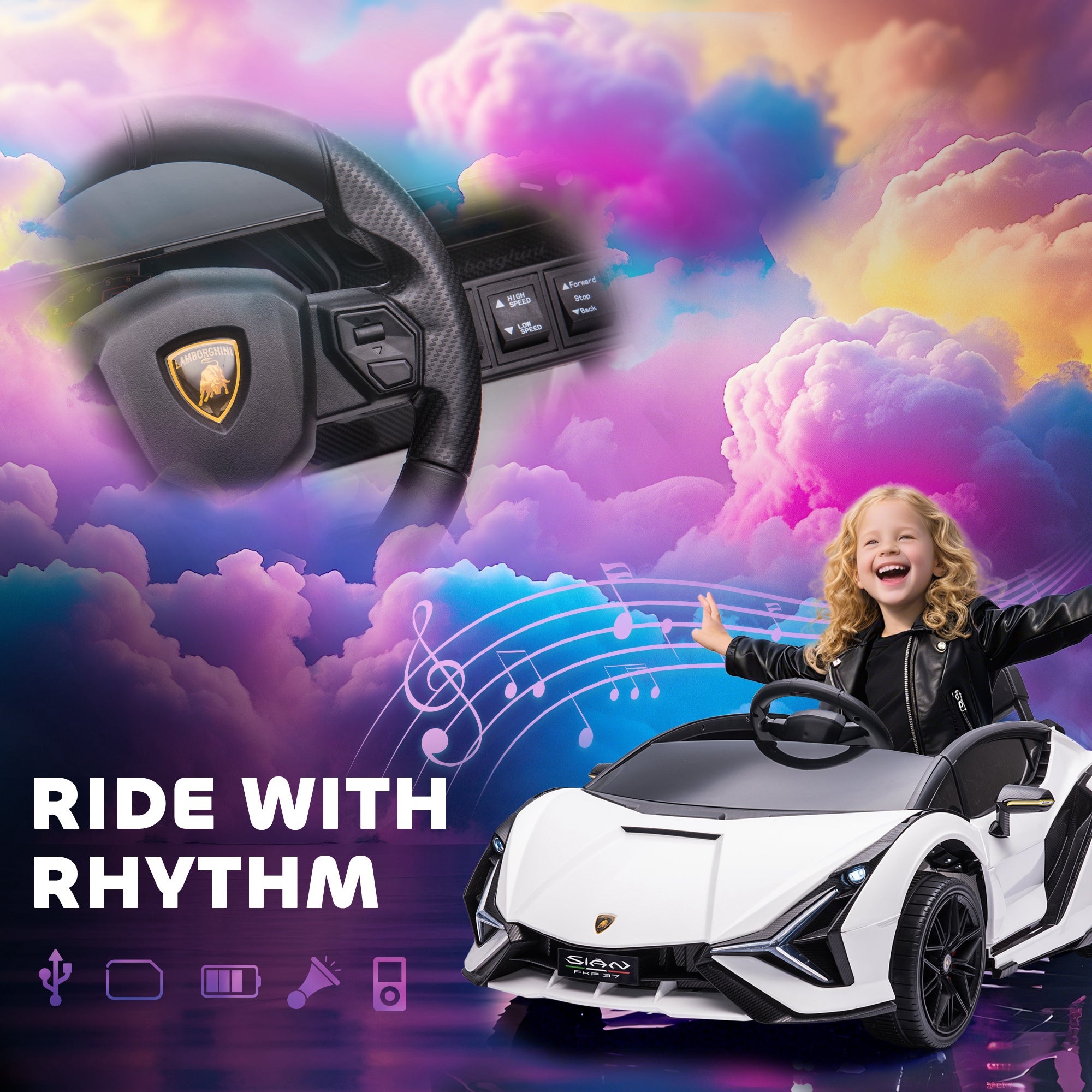 HOMCOM Lamborghini Sian Licensed 12V Kids Electric Ride On Car 2 Motors Toy Car with Remote Control Music Lights MP3 for 3-5 Years White