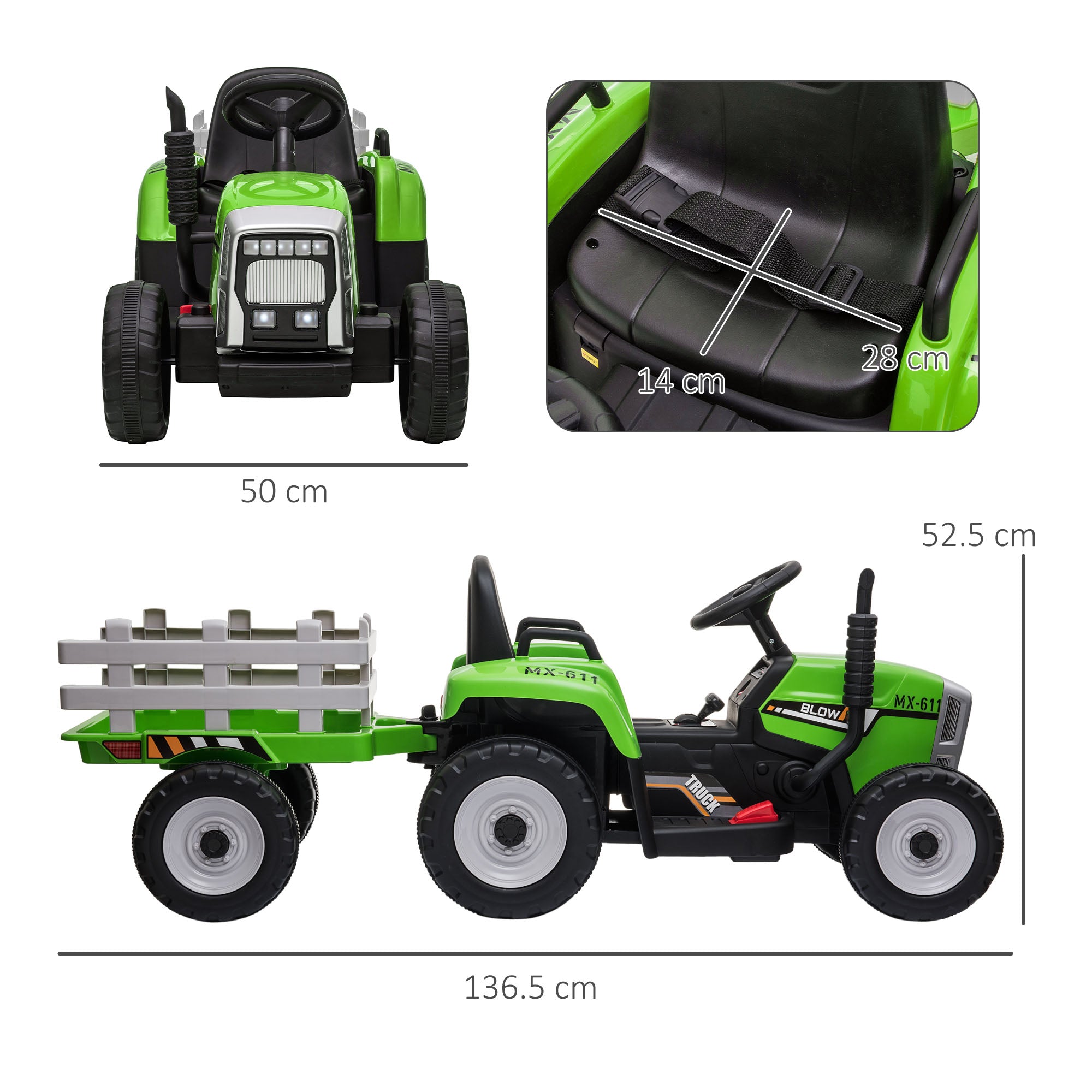 HOMCOM Ride On Tractor, Battery Powered Electric Car, with Detachable Trailer, Remote Control, Music - Green - North Peak Garden Furniture