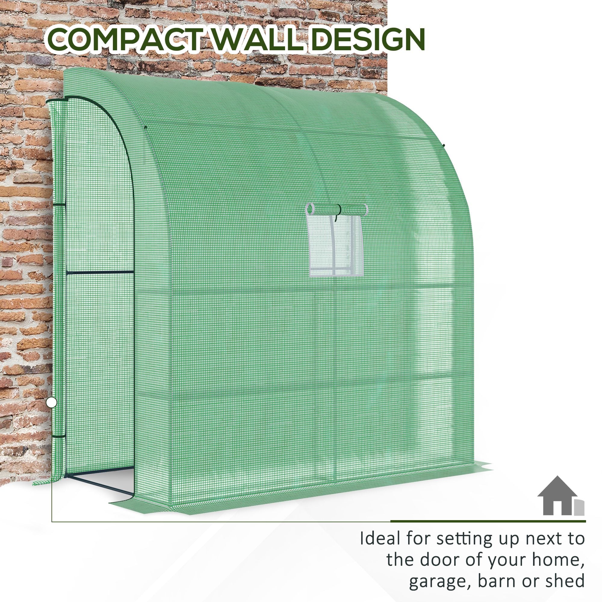 Outsunny Walk-In Lean to Wall Greenhouse with Windows and Doors, Outdoor Green House with 3 Tiers 4 Wired Shelves, 200L x 100W x 215Hcm, Green - North Peak Garden Furniture