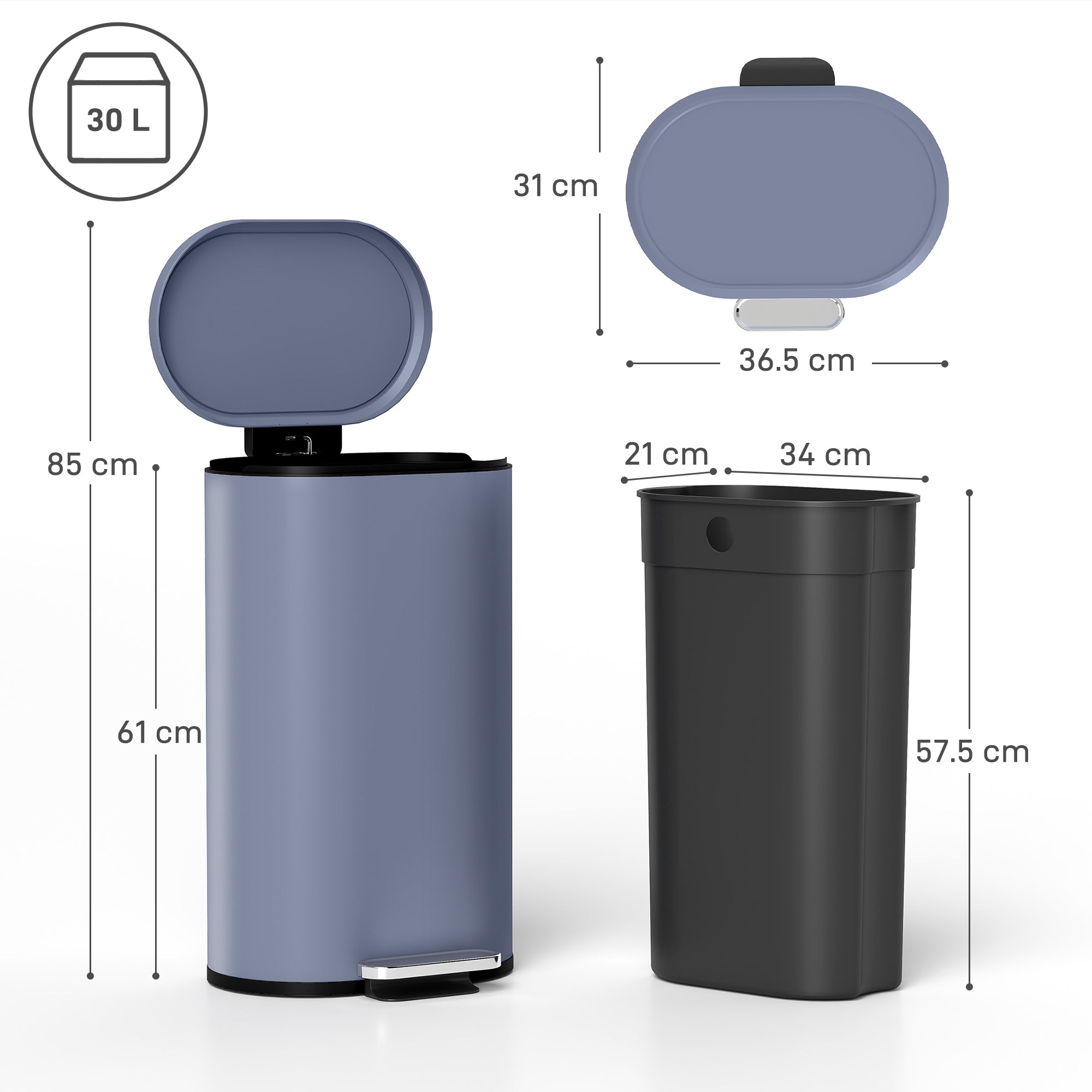 HOMCOM 30L Kitchen Bin with 90° Stay-Open Lid, Slim Rectangular Pedal Bin with Soft-Close Lid, Removable Inner Bucket for Home Office, Fingerprint-Resistant, Grey