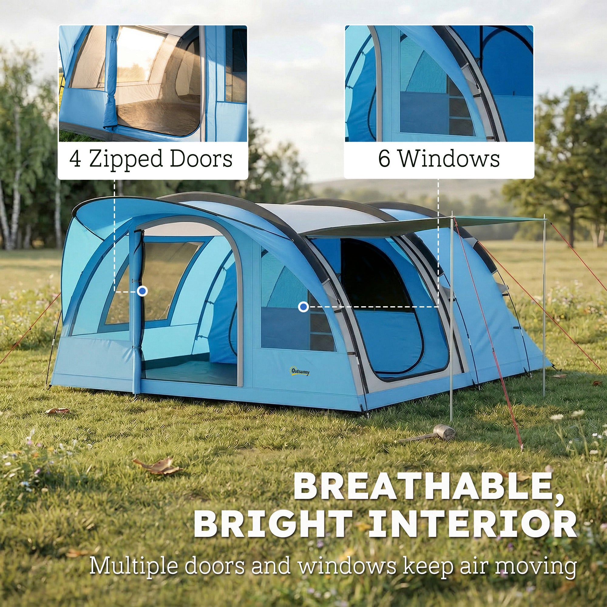 Outsunny 4 Person Easy Setup Family Camping Tent with 2 Rooms, Waterproof Tunnel Tent w/ Sewn In Groundsheet, Sky Blue & Grey