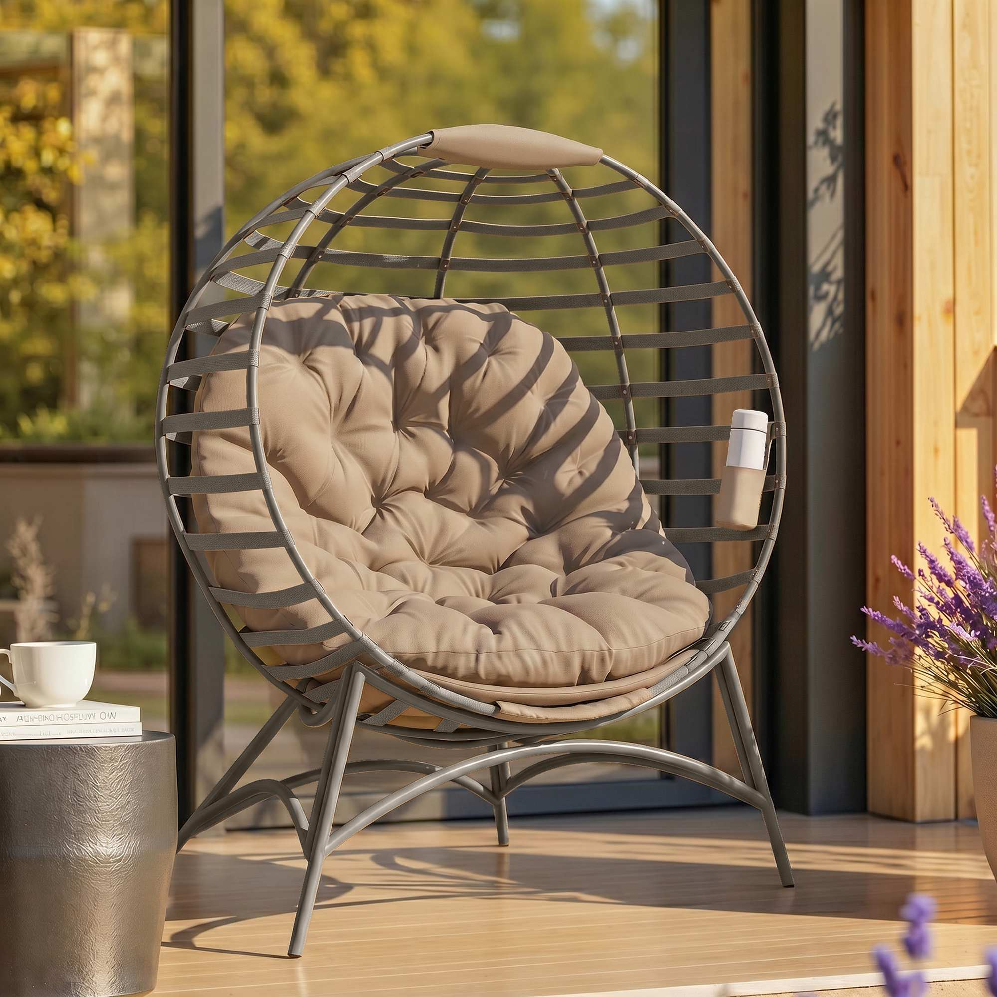 Outsunny Egg Chair with Soft Cushion, Steel Frame and Side Pocket, Garden Patio Basket Chair for Indoor, Outdoor, Brown