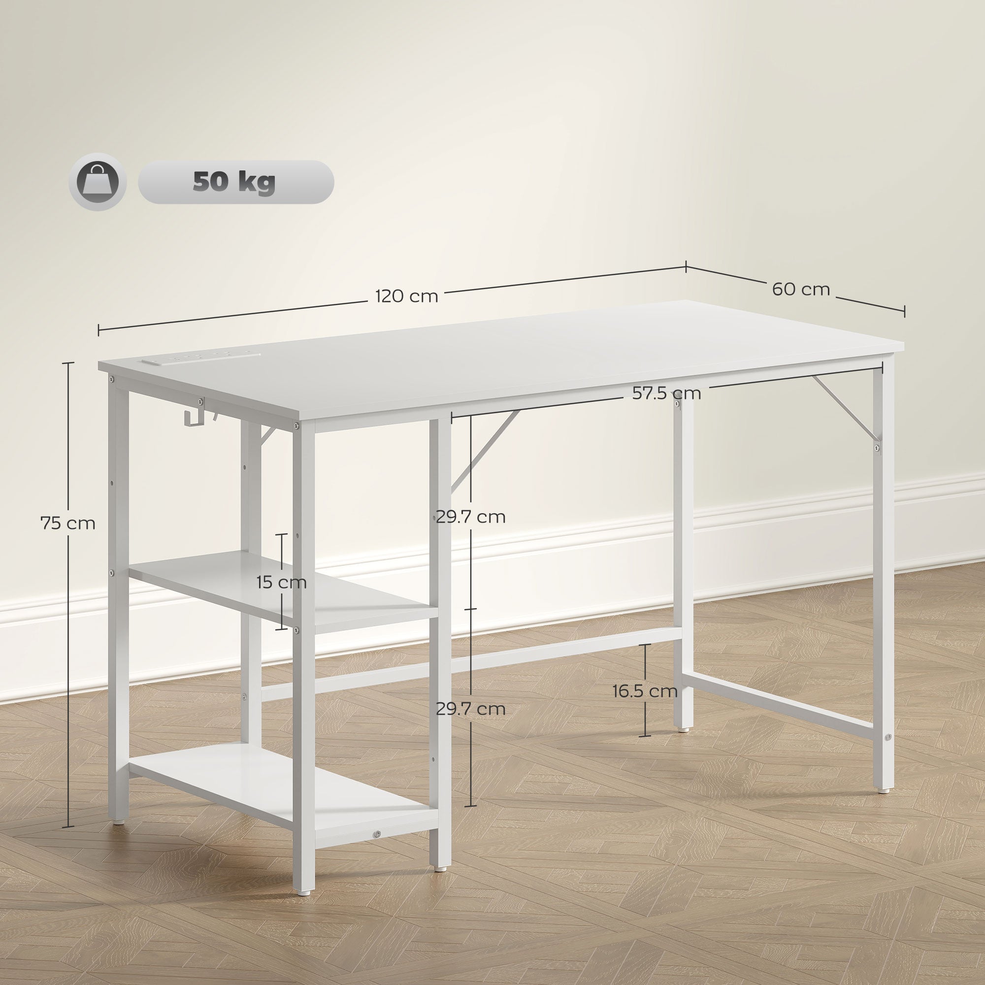HOMCOM Computer Desk, with Power Sockets - White - North Peak Garden Furniture