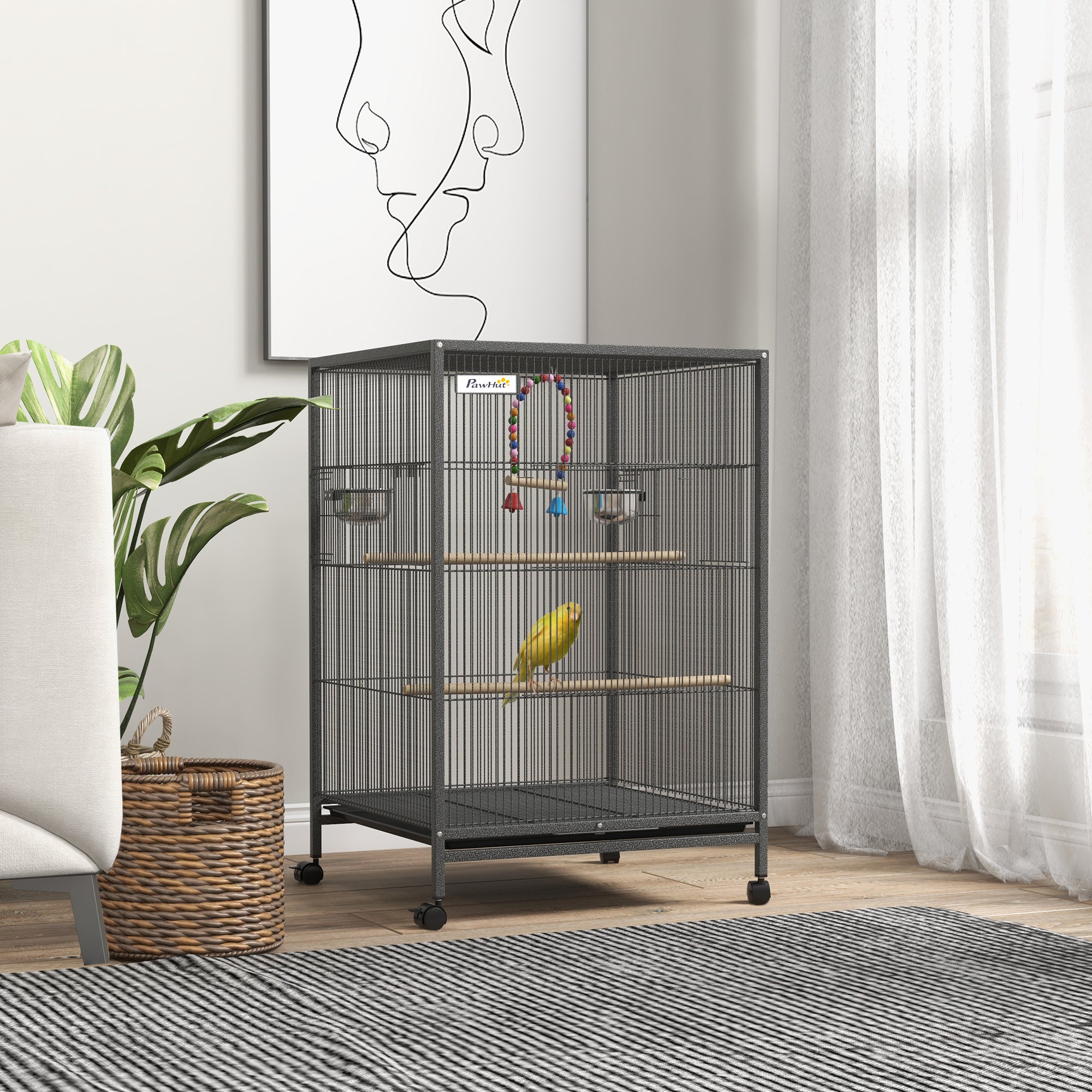 PawHut Bird Cage, Budgie Cage, with Rolling Stand, for Small Birds - Grey - North Peak Garden Furniture