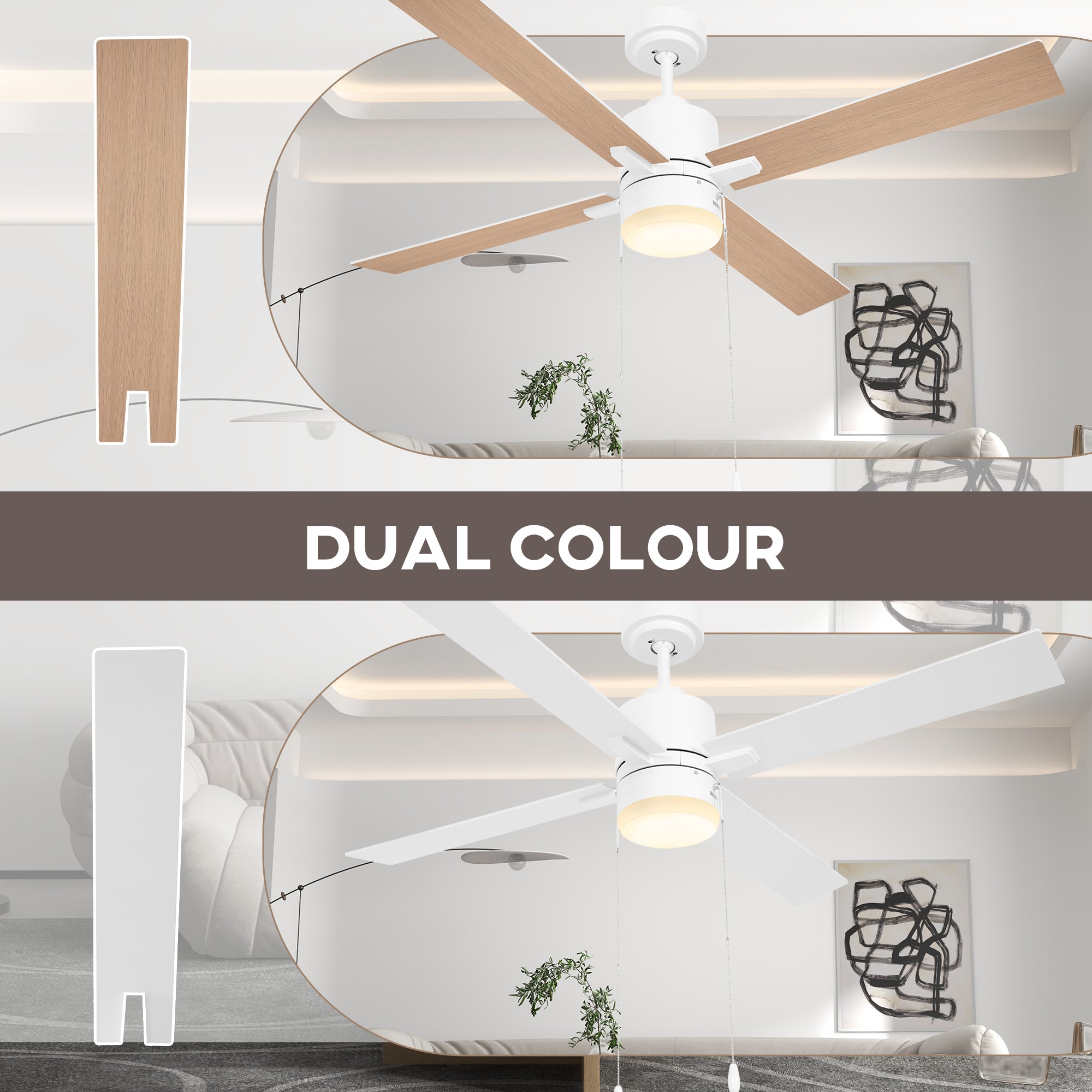 HOMCOM Ceiling Fan with LED Light, Flush Mount Ceiling Fan Lights with Reversible Blades, Pull-chain, White and Natural Tone - North Peak Garden Furniture