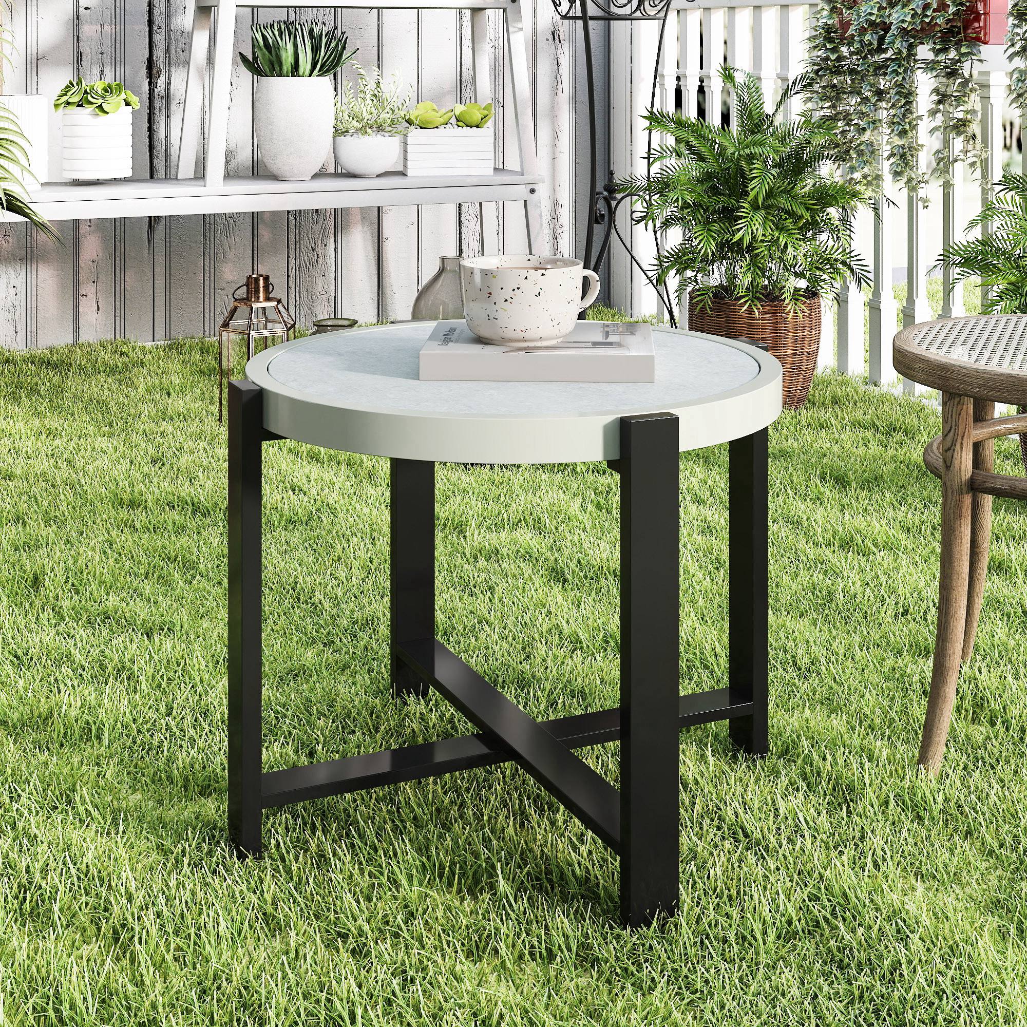 Outsunny Round Small Garden Table, 60cm Outdoor Side Table with Faux Marble Tempered Glass Top, Aluminium Frame for Garden, Patio, Balcony, Light Grey - North Peak Garden Furniture