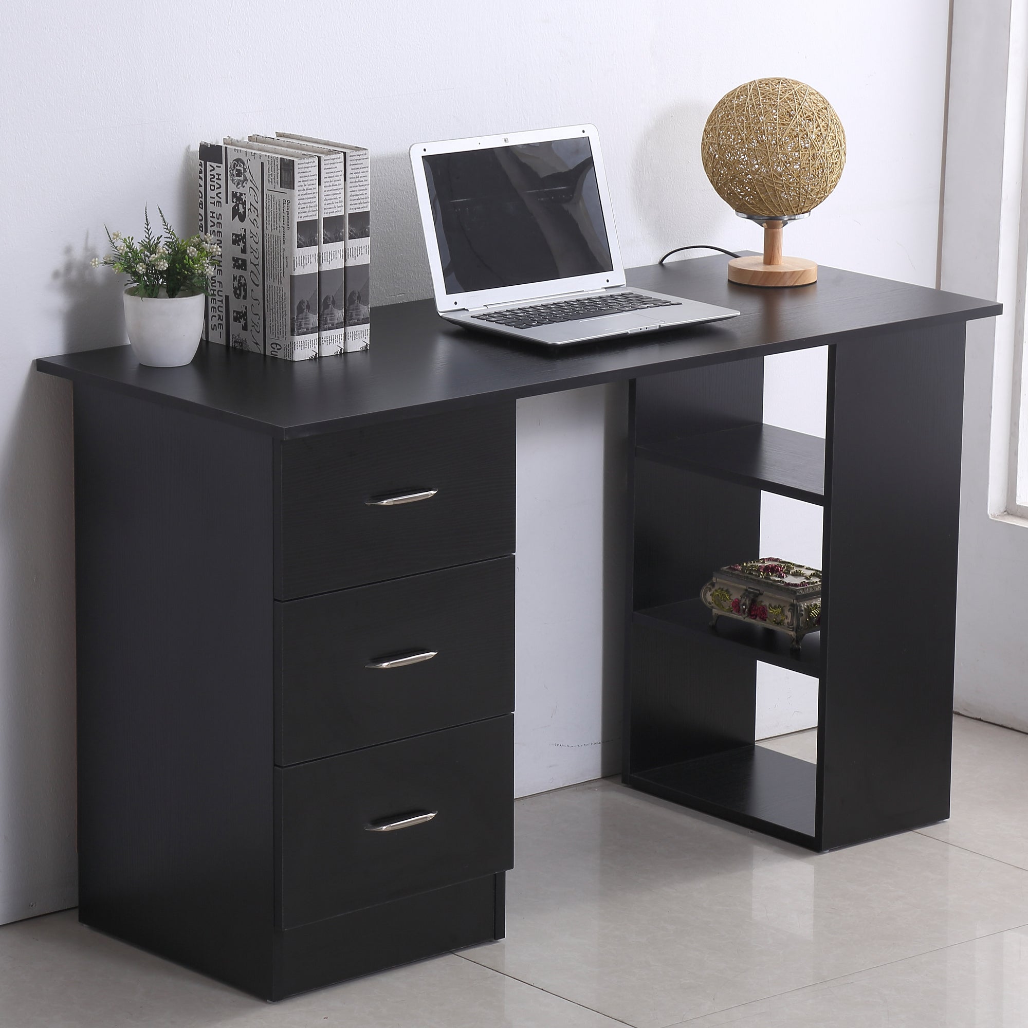 HOMCOM Computer Desk, Writing Table, PC Workstation with 3 Storage Shelves and Drawers, Silver Handle, for Home Office, Black - North Peak Garden Furniture