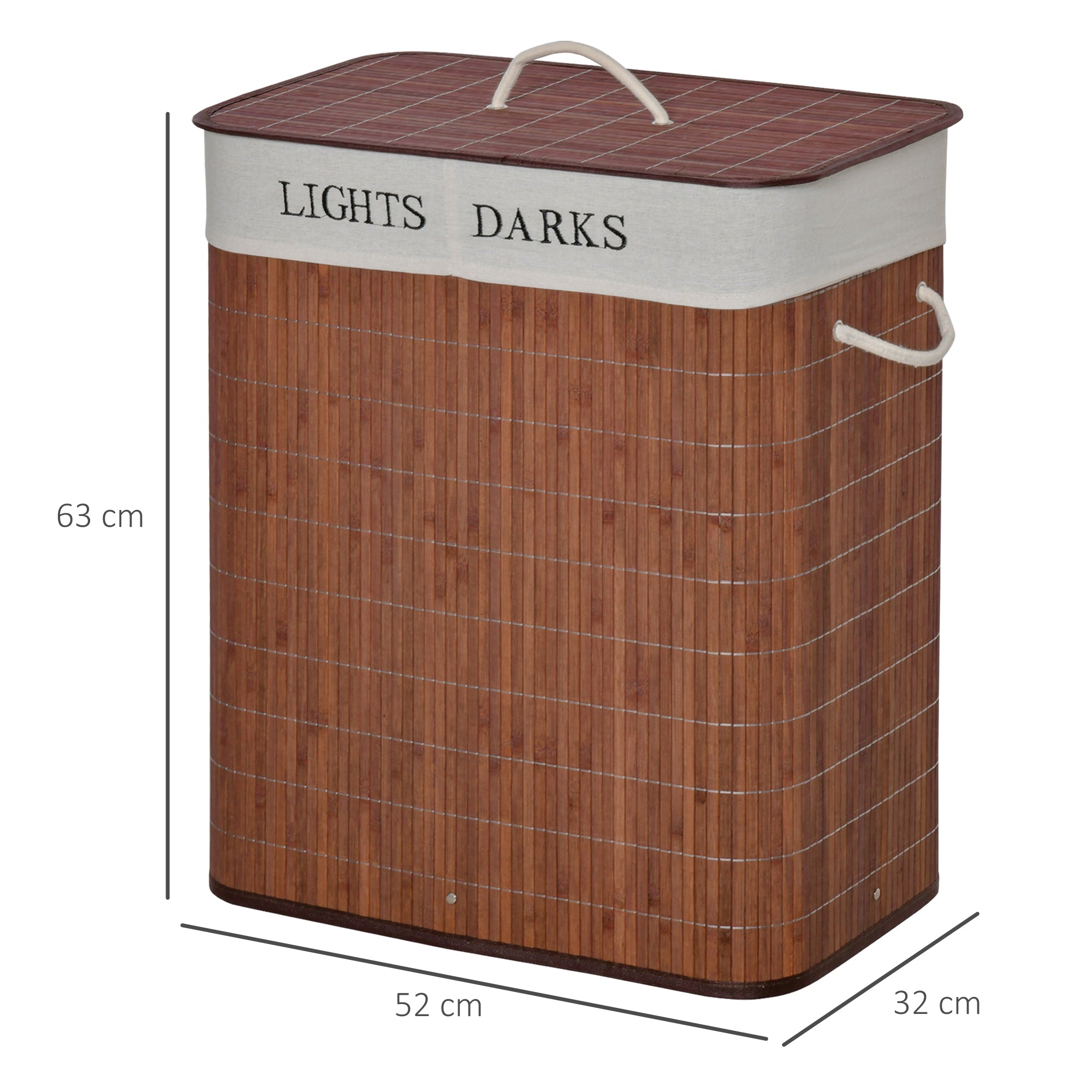 HOMCOM 100L Laundry Basket with Lid String Handles, 2 Section Collapsible Hamper Removable Lining Foldable Water-Resistant Dirty Clothes Storage, Brown - North Peak Garden Furniture