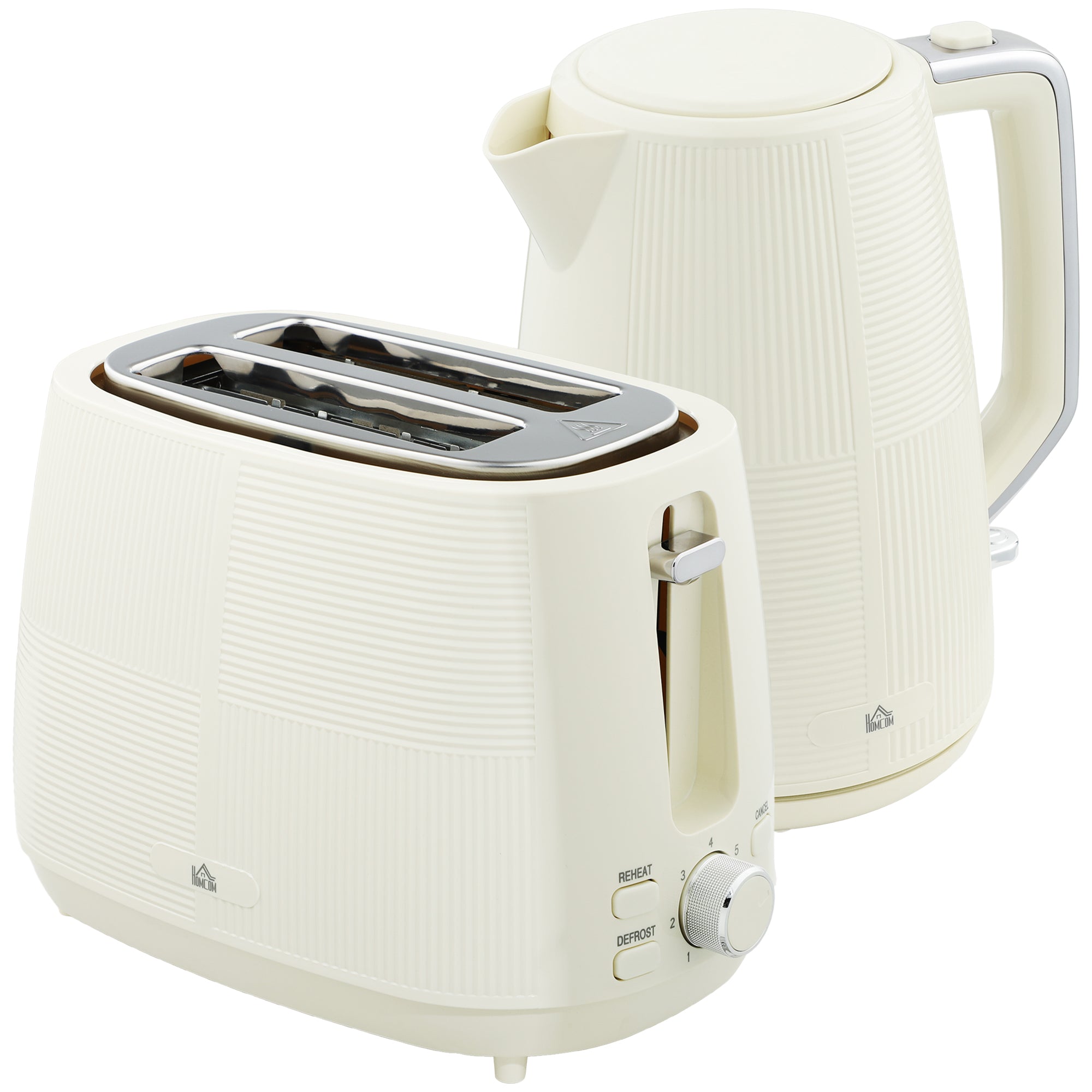 HOMCOM Kettle and Toaster Set, 1.7L 3000W Fast Boil Kettle & 2 Slice Toaster Kitchen Set with 7 Level Browning Controls, Defrost, Reheat, Boil-dry Protection, Cream White - North Peak Garden Furniture