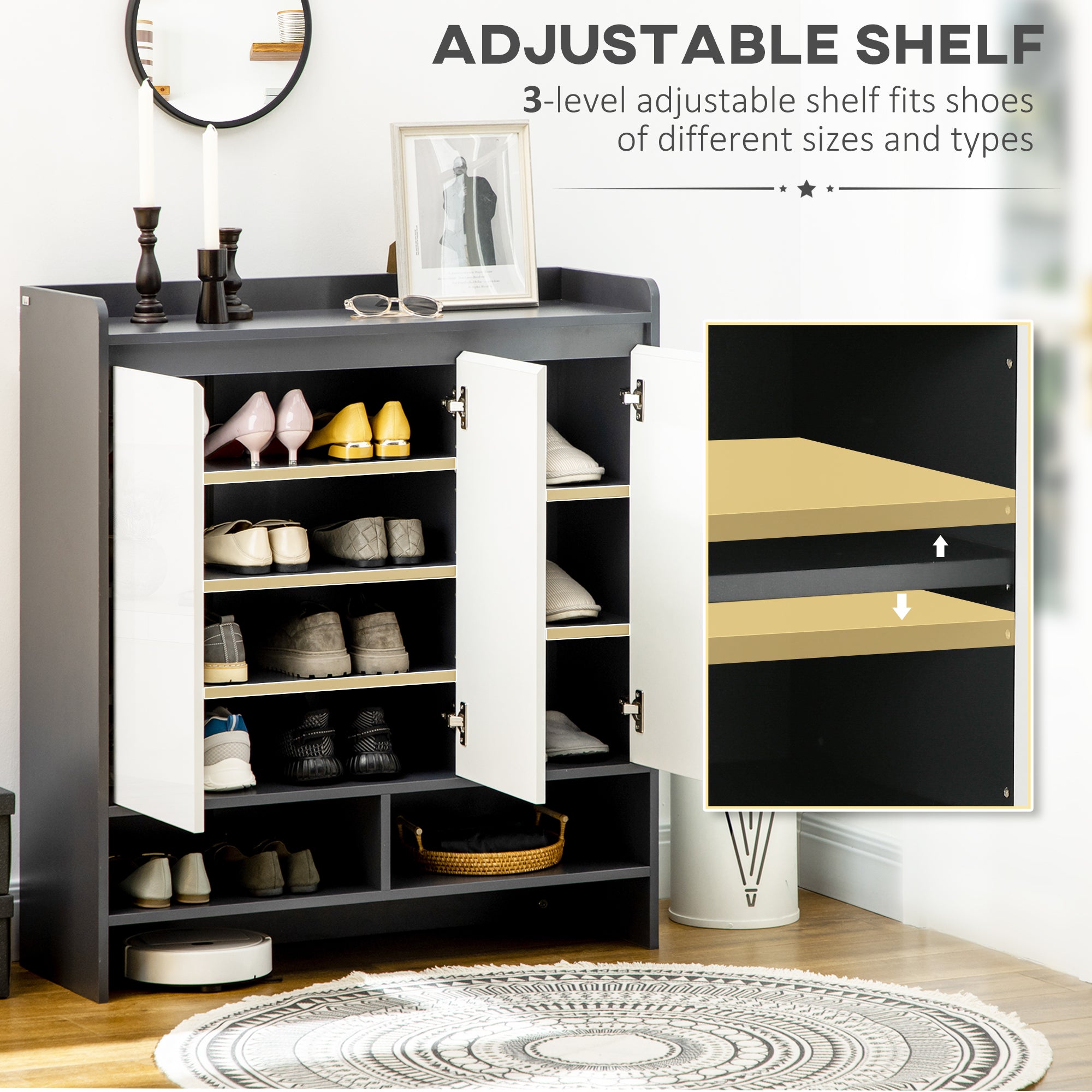 HOMCOM High Gloss Shoe Cabinet with White Doors and Open Shelves, Hallway Shoe Cupboard Storage Organizer for 19 Pairs of Shoes, Grey - North Peak Garden Furniture