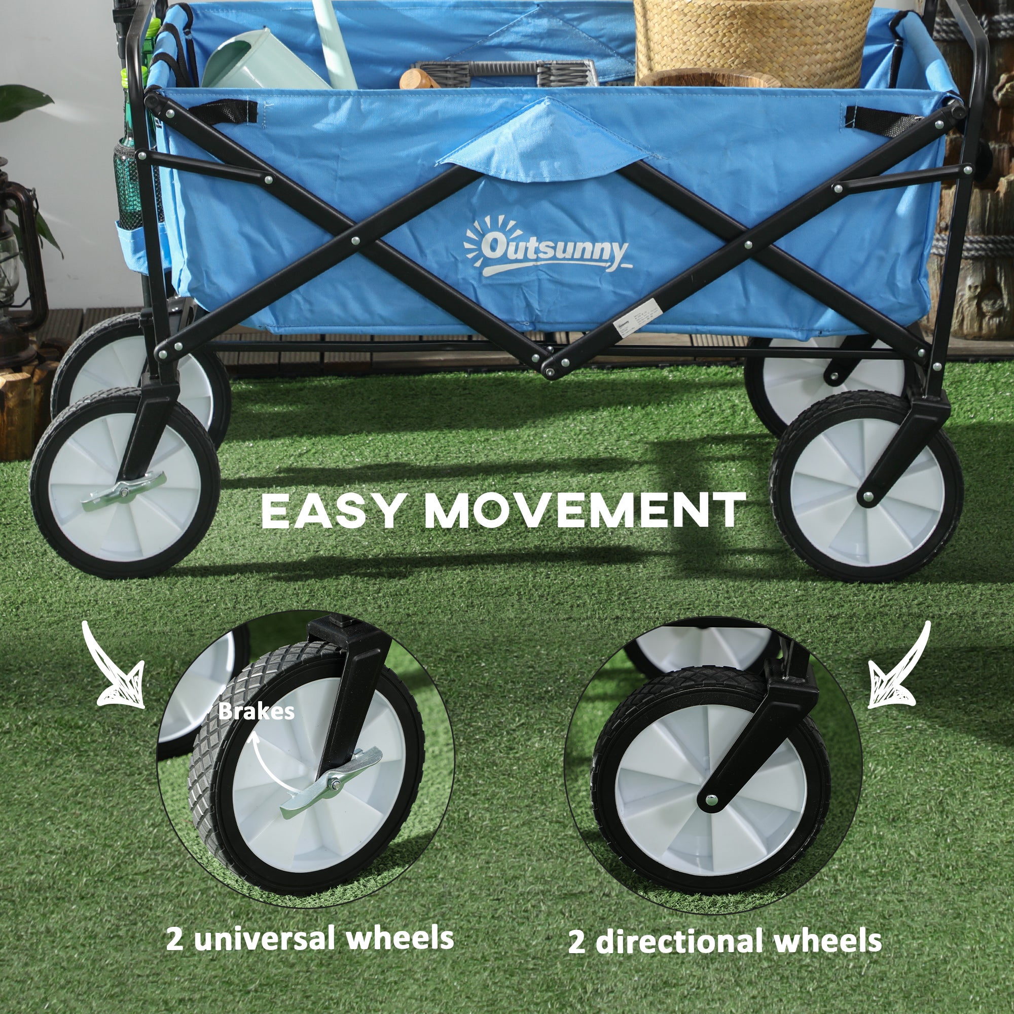 Outsunny 90L Folding Garden Trolley Cart Pull Along Wagon with Telescopic Handle for Beach Camping Festival - Blue - North Peak Garden Furniture