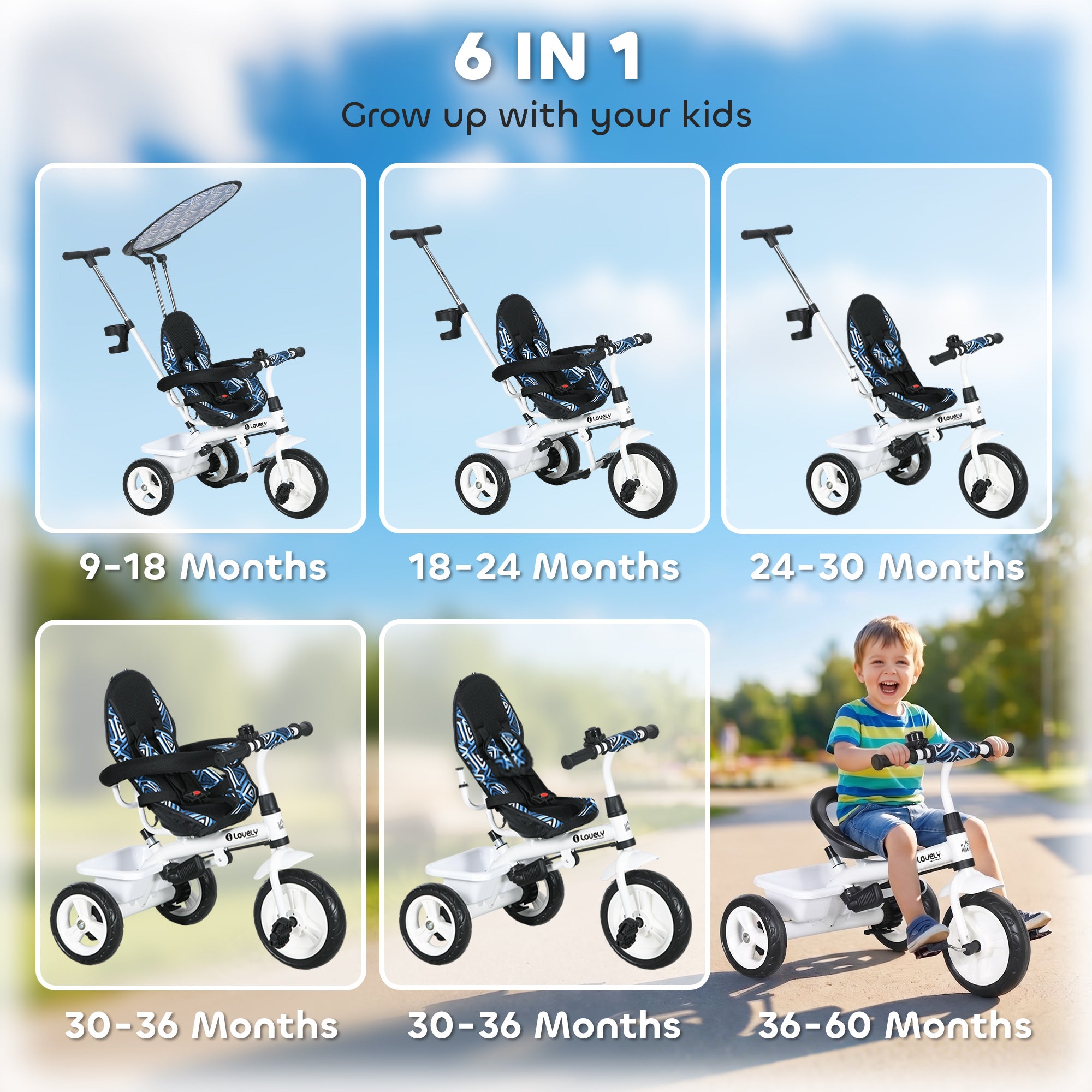 HOMCOM 6 in 1 Tricycle for Kids with 5-point harness straps, Removable Canopy, Blue