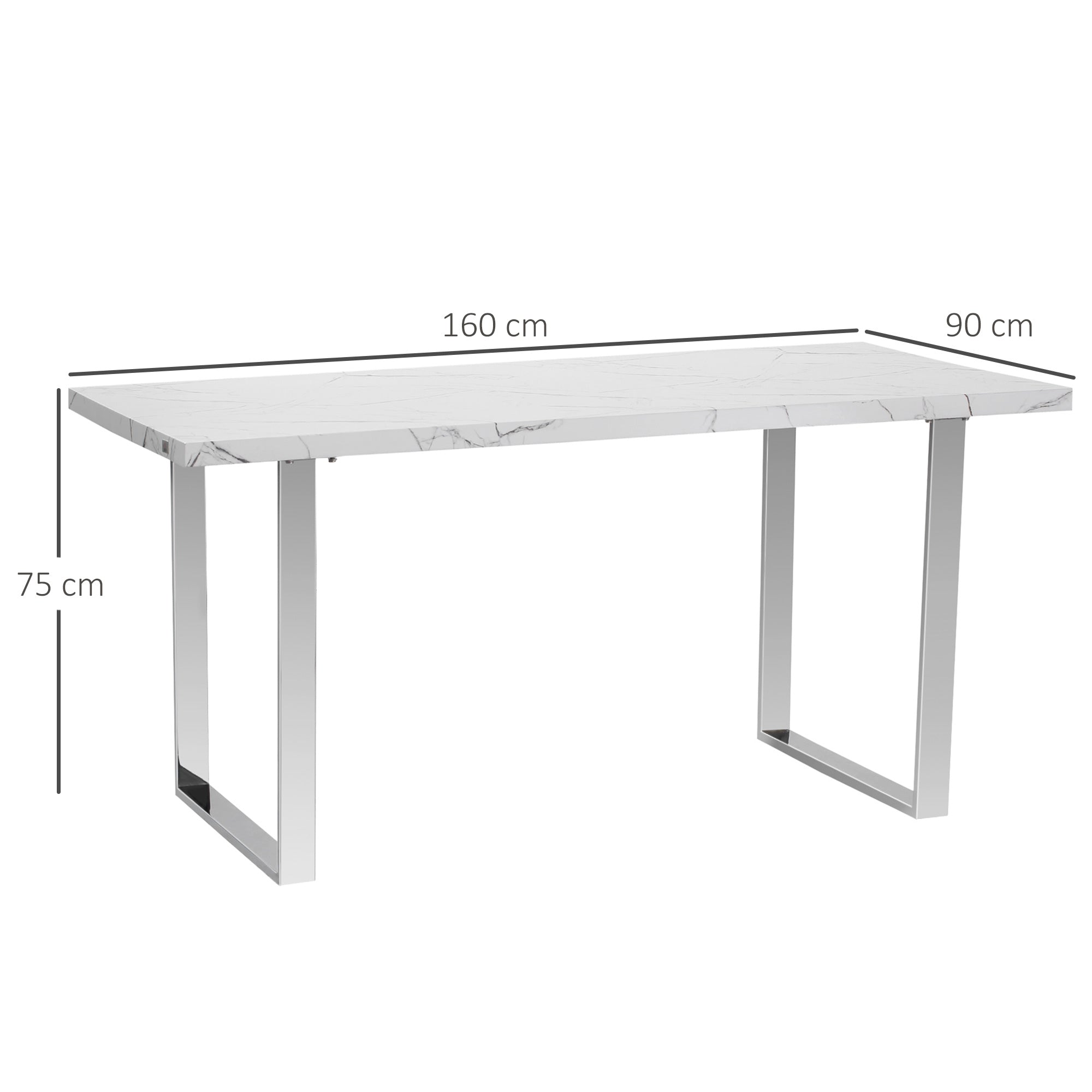 HOMCOM Modern Dining Room Table Rectangular Kitchen Table for 6-8 People with Marble Effect Tabletop Steel Legs 160 cm White - North Peak Garden Furniture
