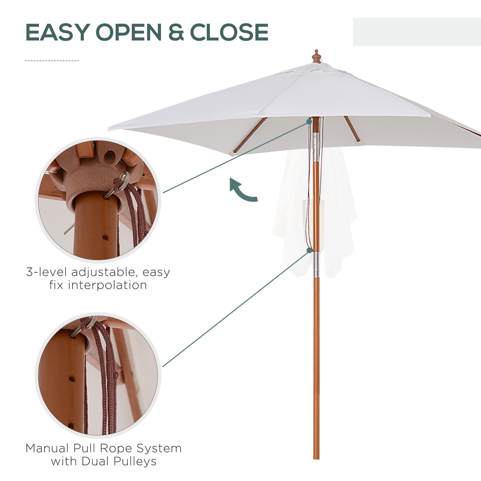 Outsunny 2m x 1.5m Garden Parasol Umbrella with Tilting Sunshade Canopy, Outdoor Market Table Umbrella with Wood and Bamboo Frame, Cream White - North Peak Garden Furniture